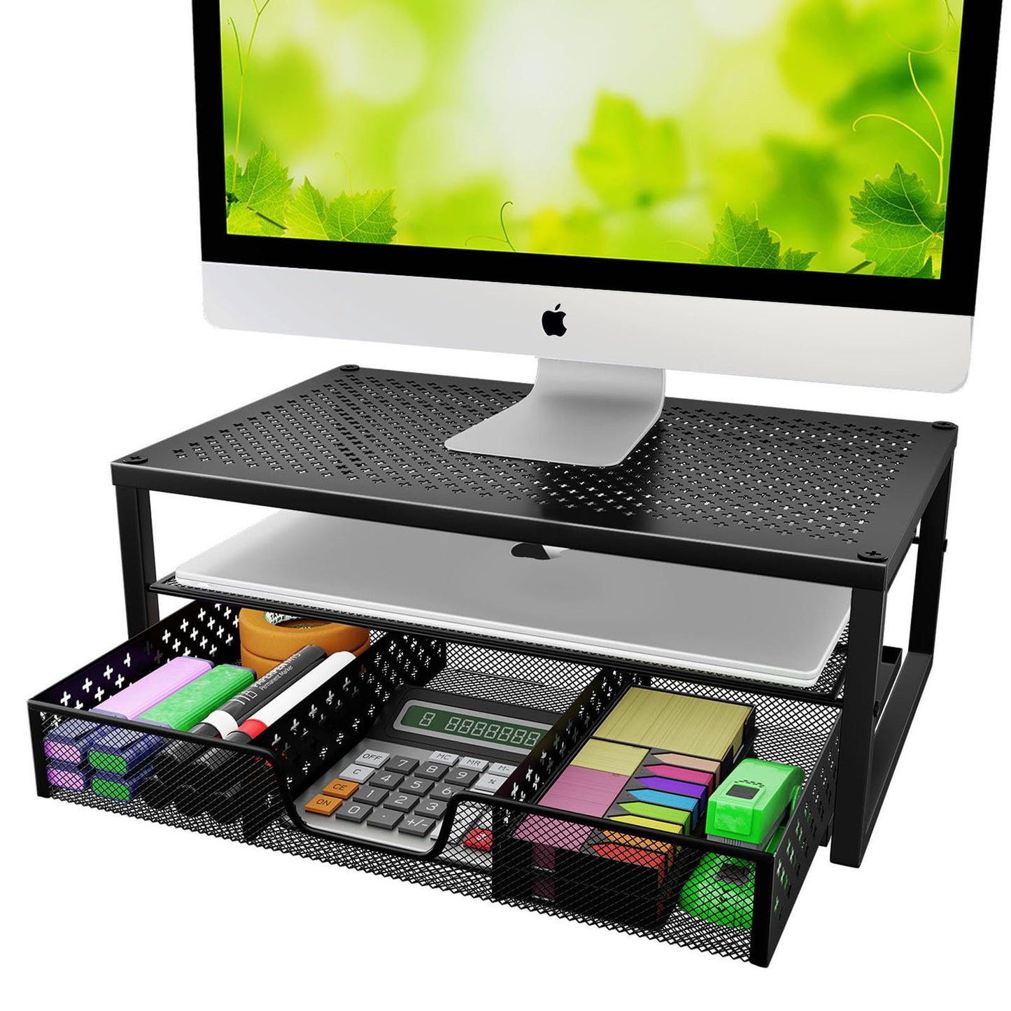 Simple Trending Metal Monitor Stand Riser and Computer Desk Organizer with Drawer for Laptop