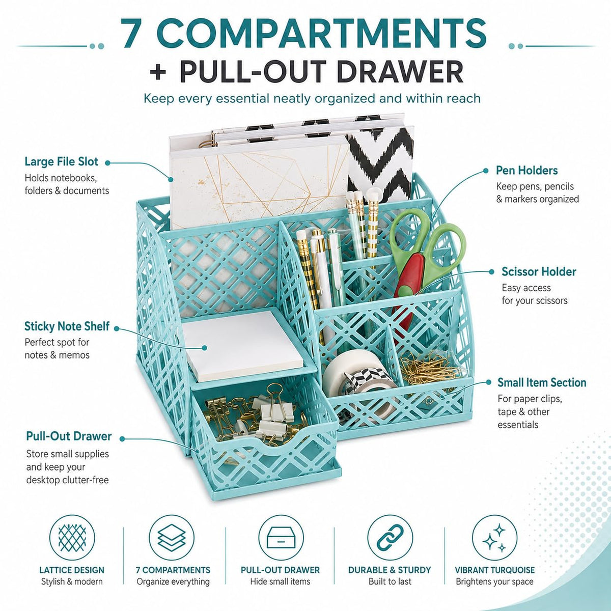Exerz Mesh Desk Organizer 7 Compartments Metal Pen Holder Office Turquoise