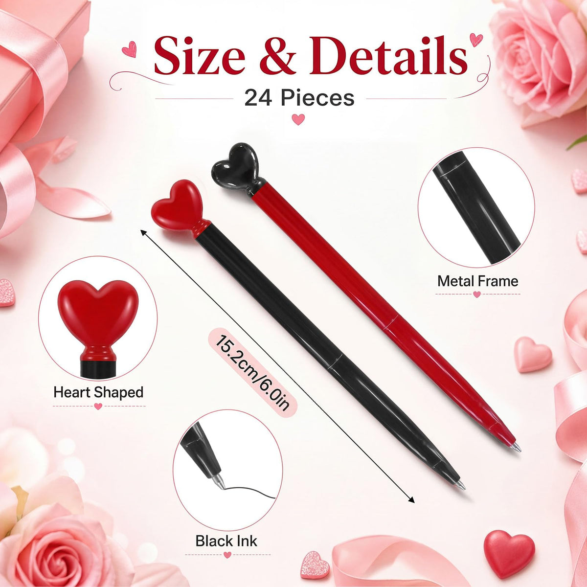 Thenshop 24 Pcs Black and Red Heart Shaped Pens Retractable Metal Cute Pens 1.0 mm Black Ink