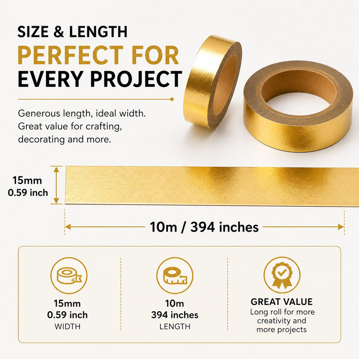 Syntego Gold Foil Washi Tape 15mm x 10m - Self-Adhesive Decorative Tape; for Scrapbooking