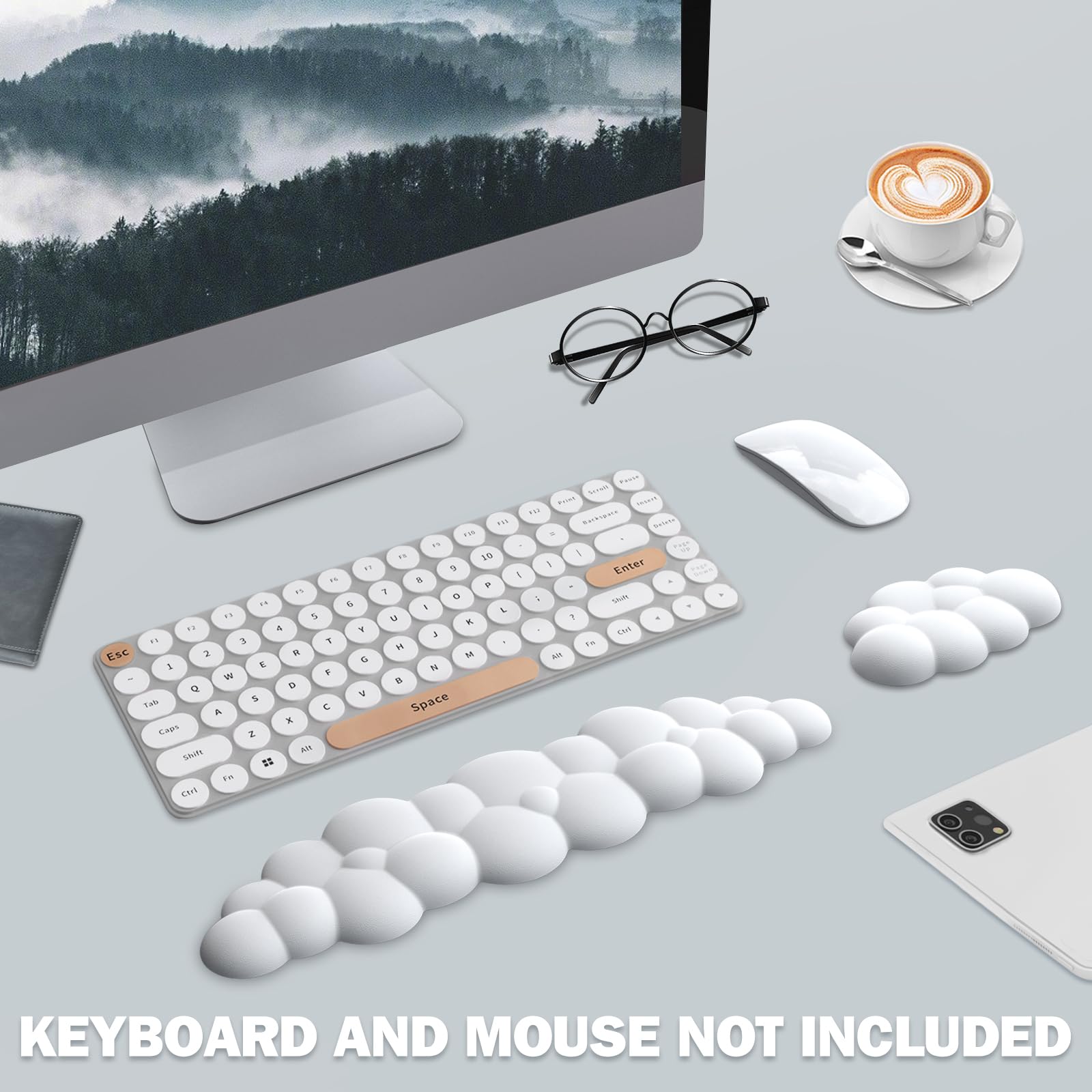 Lauspuck Cloud Keyboard Wrist Rest Pad Set,Enlarge PU Leather Memory Foam Wrist Cushion