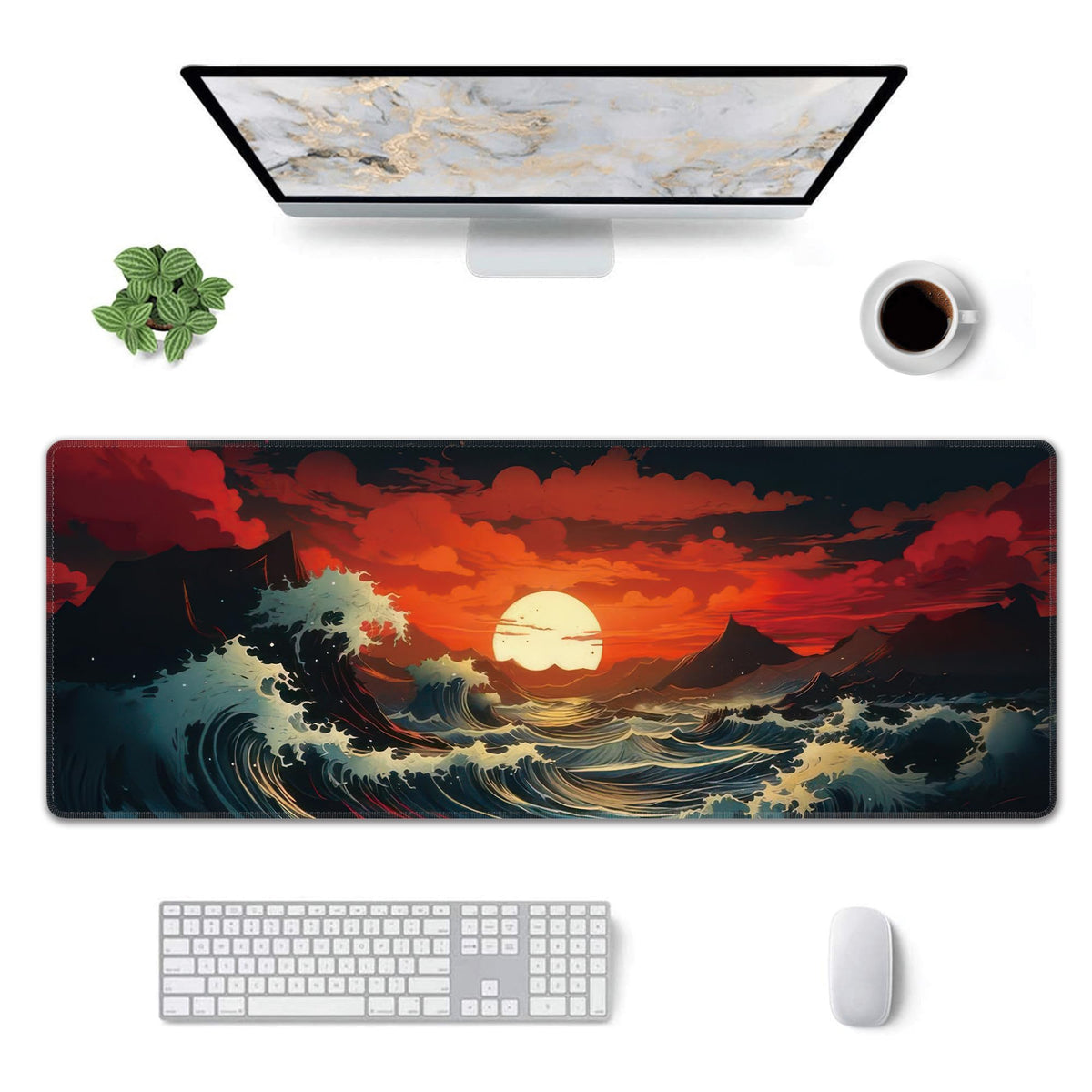 Japanese Sea Wave Large Mouse Pad,Gaming Keyboard Desk Pad,Extended Mouse Mat Non-Slip Rubber Base