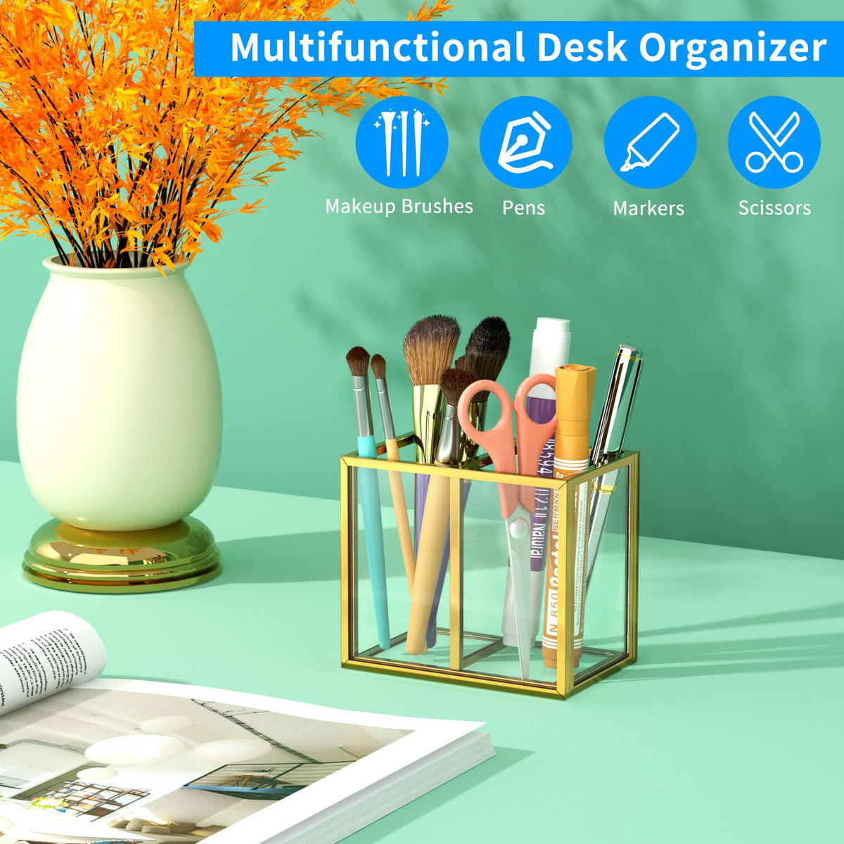NIUBEE Gold Acrylic Pen Holder for Desk, Clear Pencil Cup Organizer Makeup Brush Holder, Acrylic