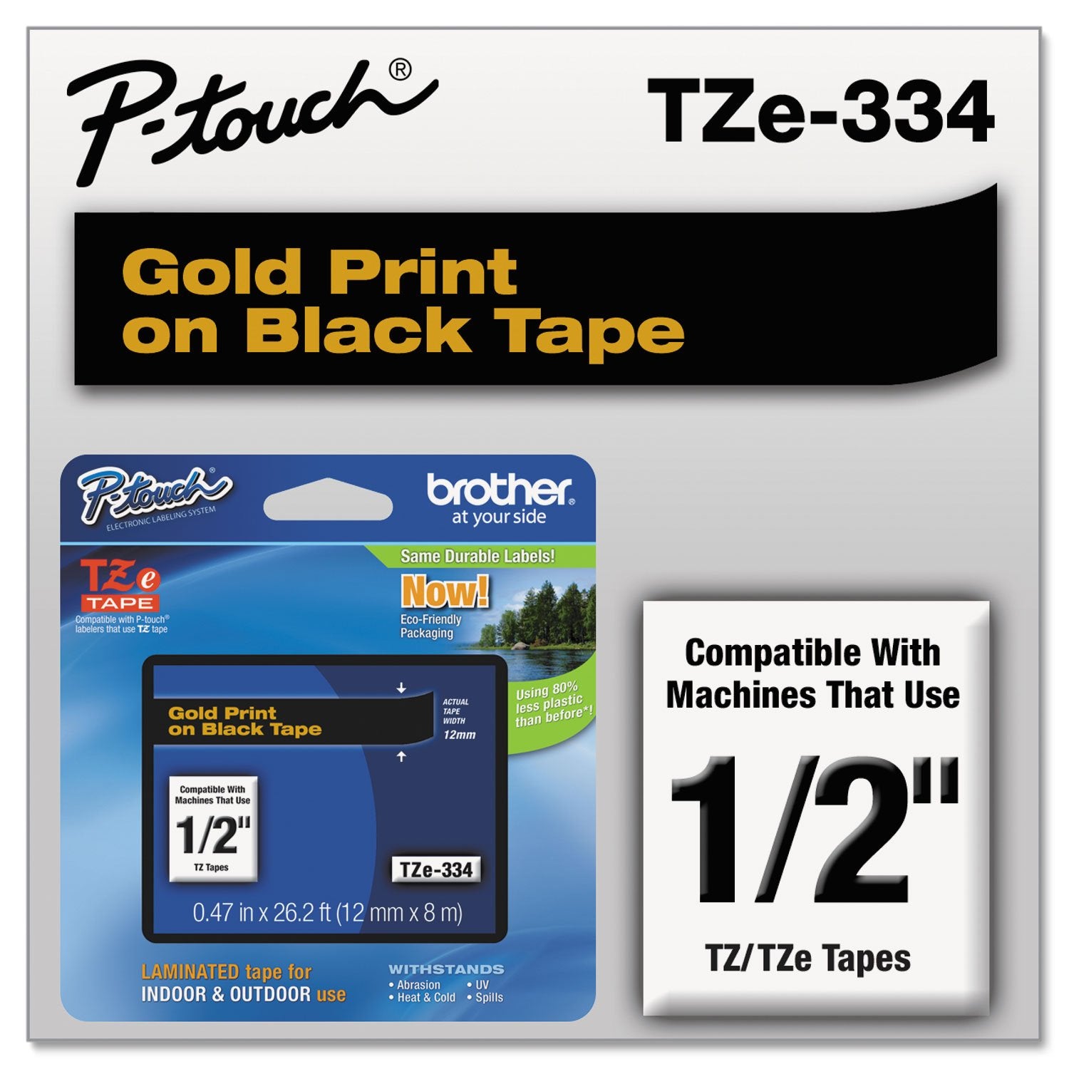 Brother TZE334 P-Touch Standard Adhesive Laminated Labeling Tape, 1/2W