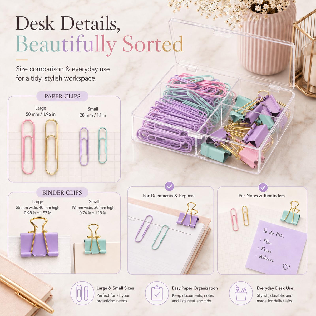 Creechwa Paper Clips and Binder Clips Set, Pastel Color, Assorted Size Clip