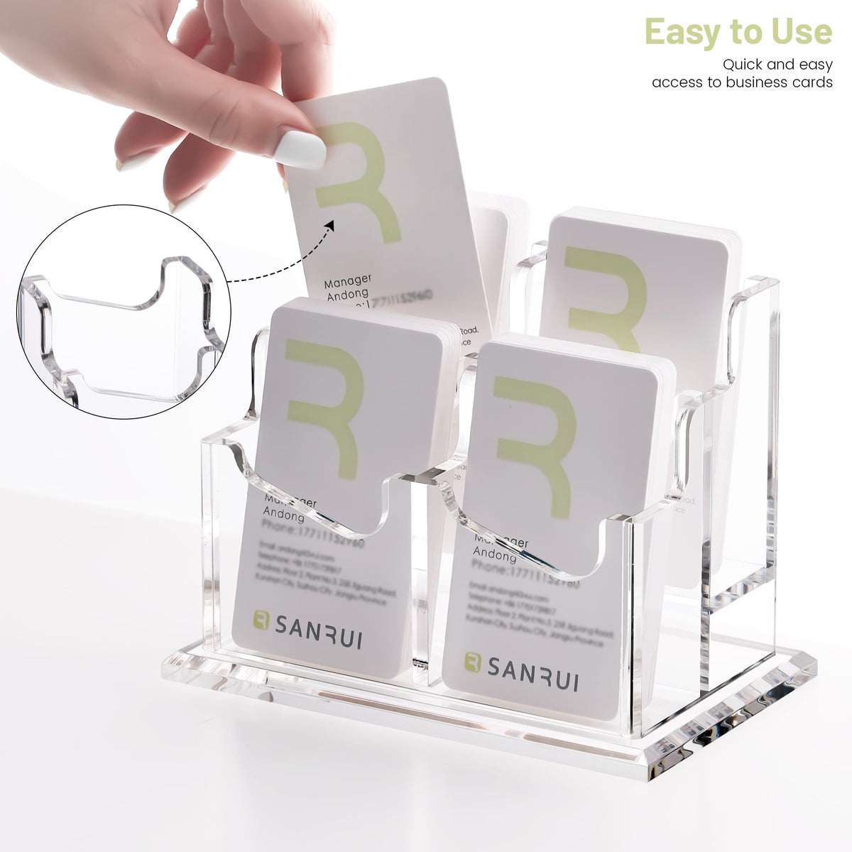 SANRUI Clear Acrylic Desk Business Card Holder, 4 Slots Vertical Display