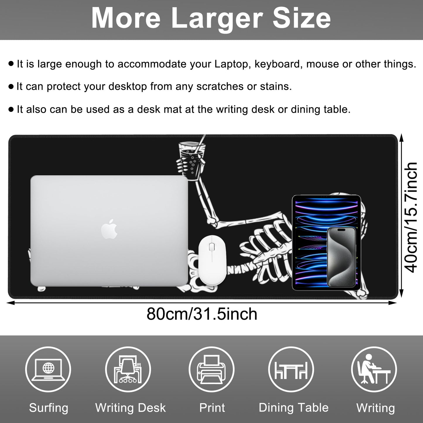 Mouse Pad, Large Skeleton with Cocktail Desk Mat, Extended Non-Slip Gaming Keyboard Mousepad Desk