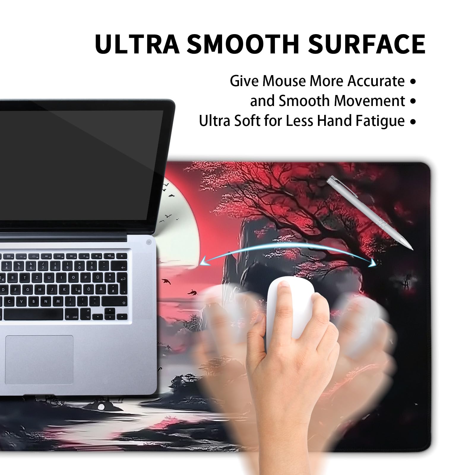 Black Red Japanese Gaming Mouse Pad XL Moon Sakura Cherry Blossom Extended Big Large Desk Mat