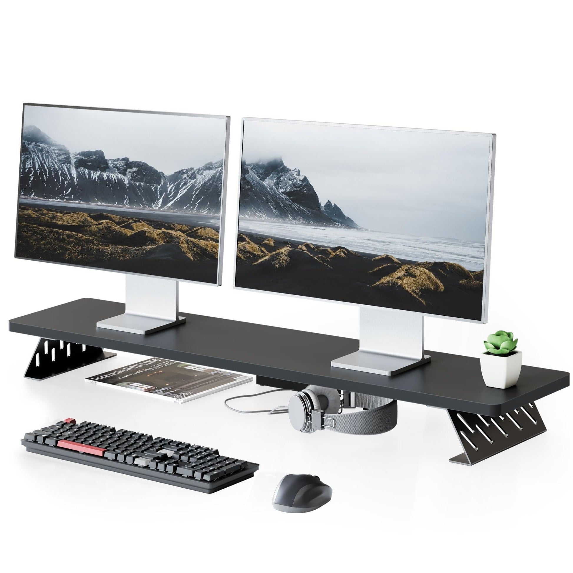 Fenge Monitor Stand Riser, Wooden & Metal Desk Shelf Organizer, Black