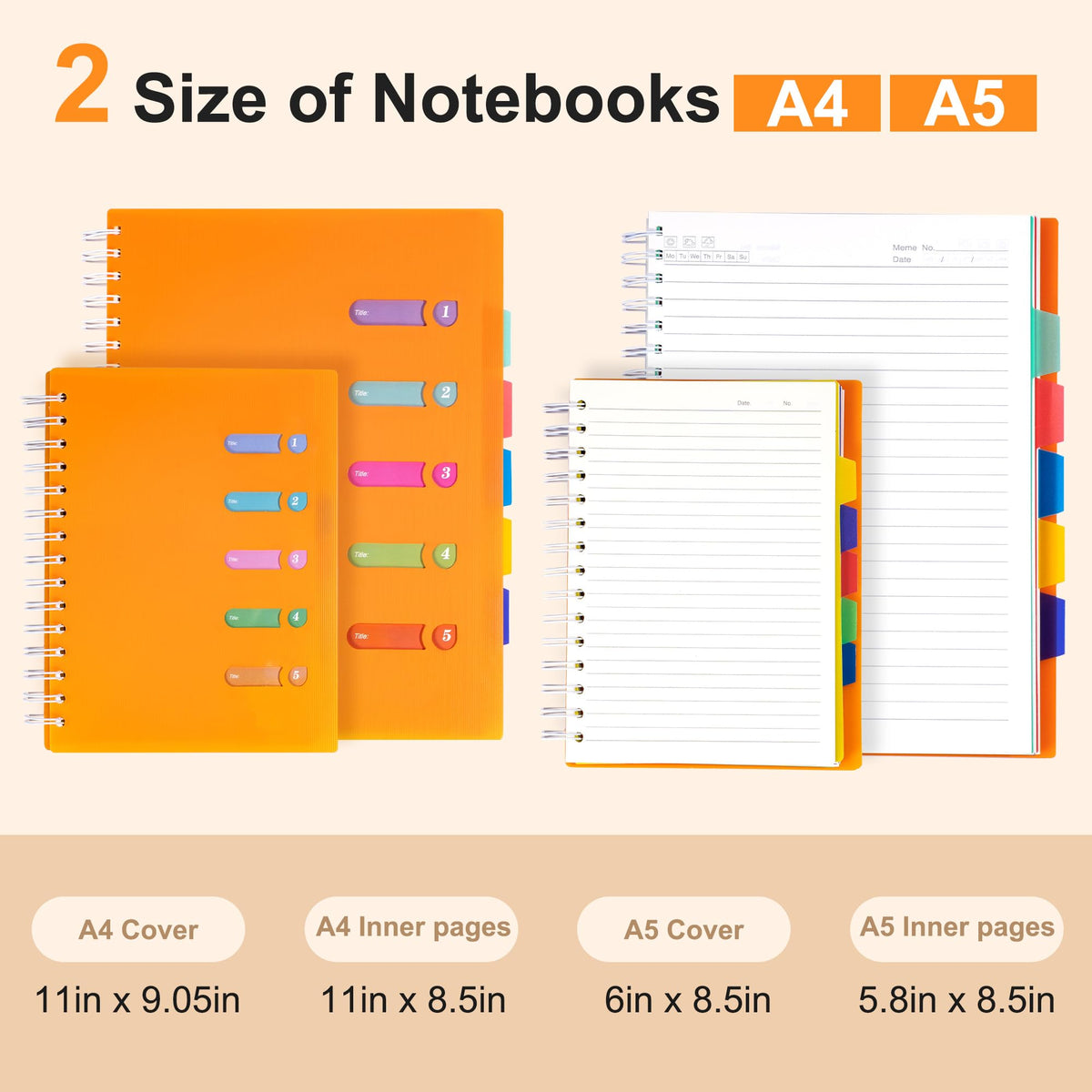 5 Subject Notebook College Ruled Spiral Notebook 5x7 with Removable Divider