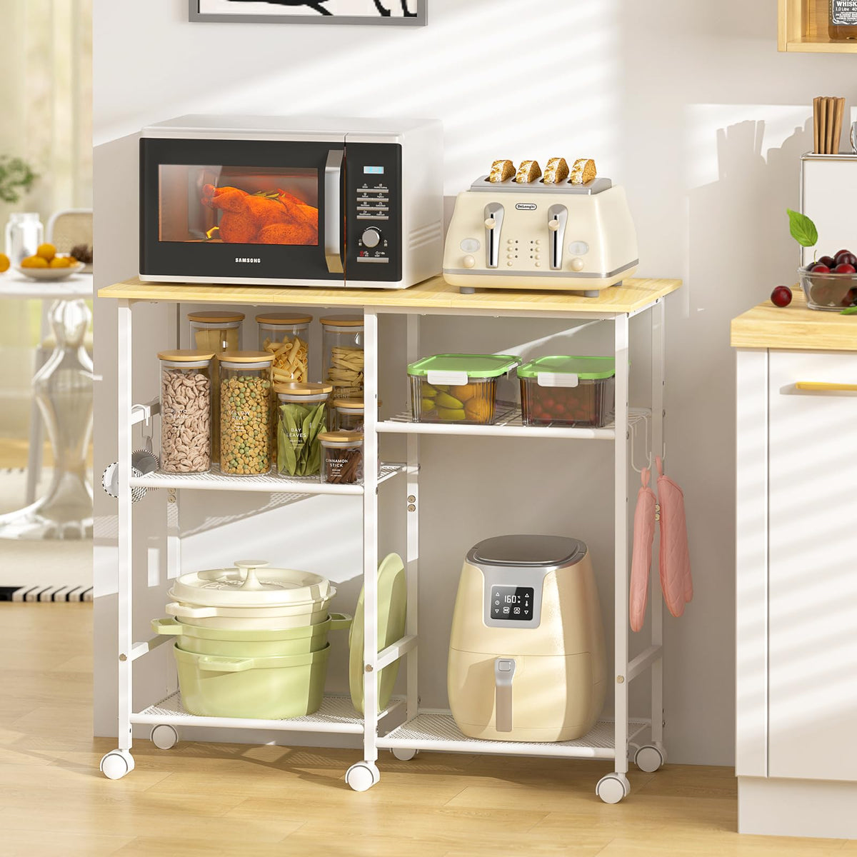ThreeHio Kitchen Island cart with Storage, Mobile Kitchen Cart with 4 Hooks and Adjustable Shelf on
