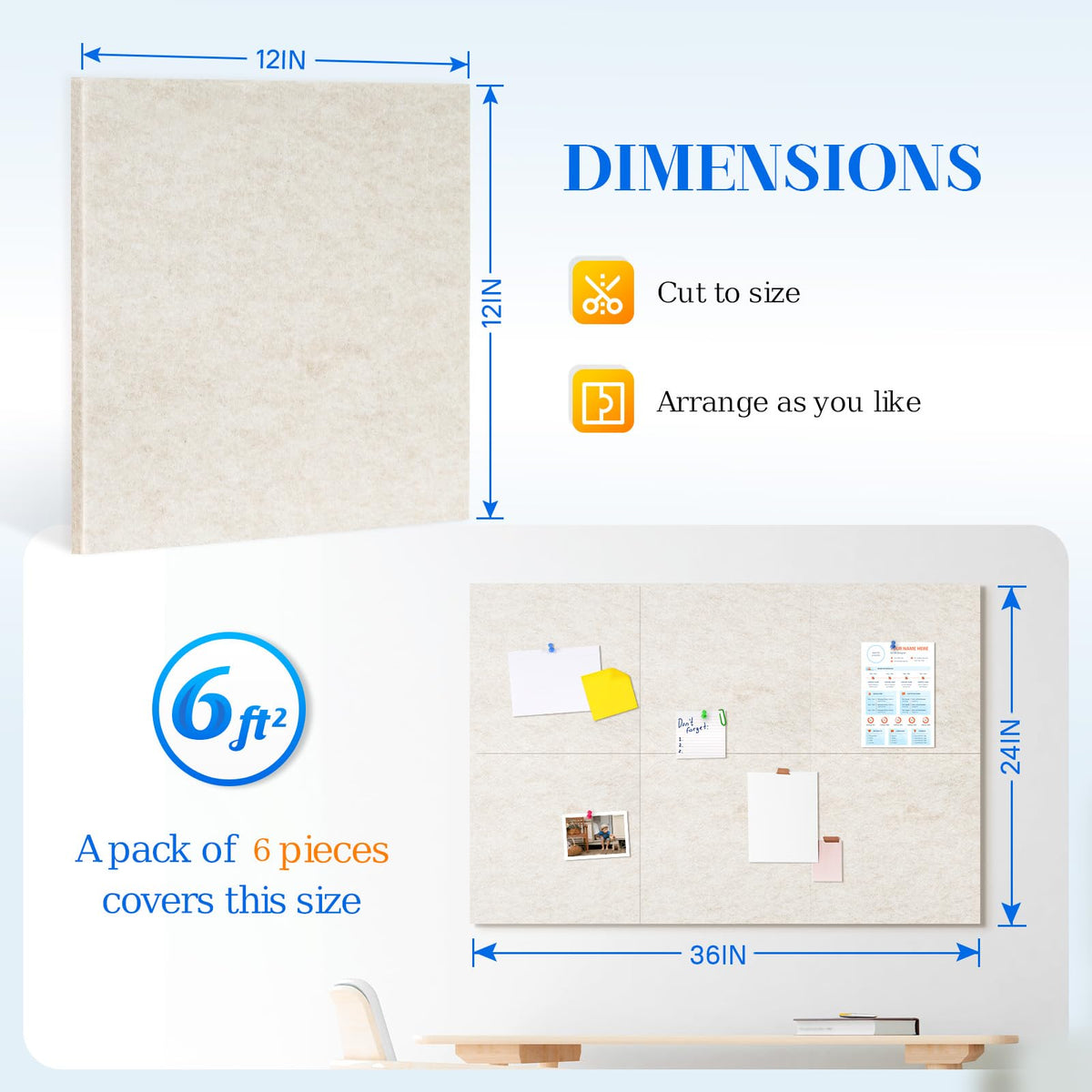 DOLLAR BOSS Felt Cork Board Tiles, 6 Pcs 12" x 12" Bulletin Board, Beige