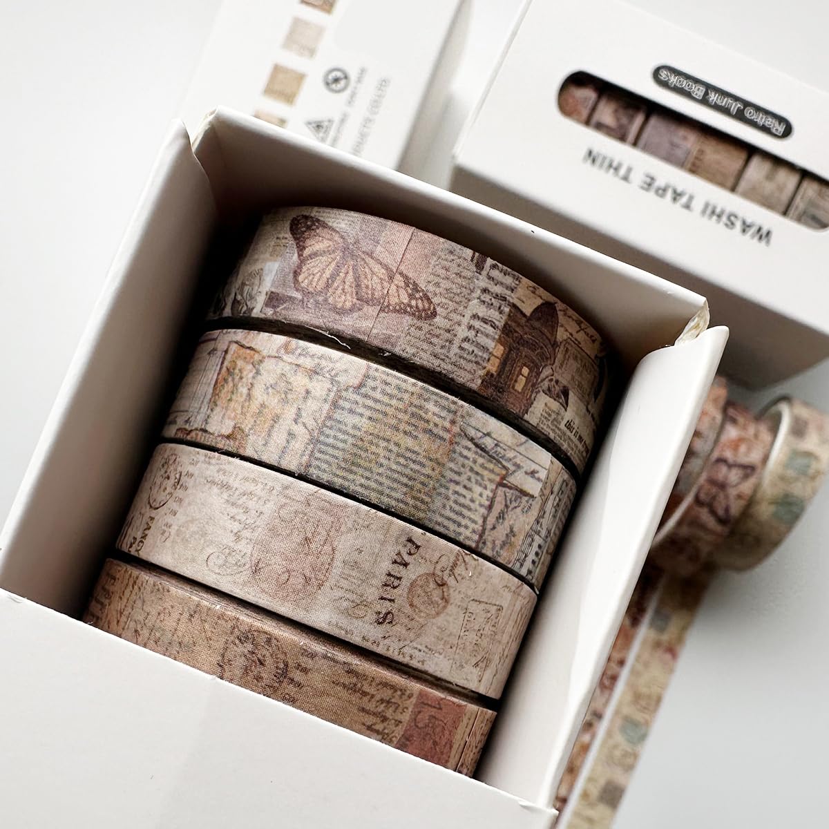 YUBX Vintage Washi Tape Set 8 Rolls Thin Retro Decorative Antique Patterns Masking Tapes for Arts