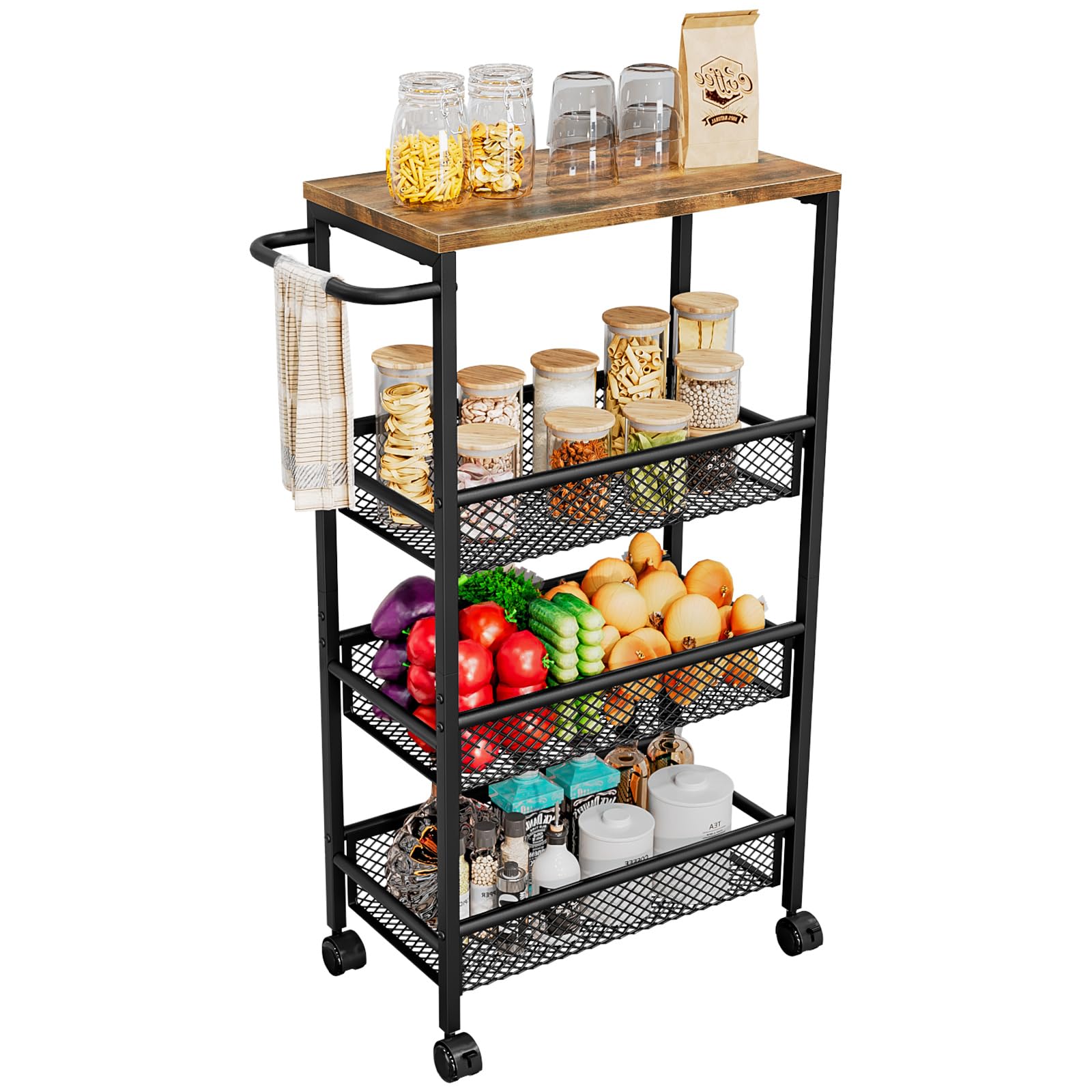AZERPIAN Slim Rolling Cart 4 Tier Narrow Storage Cart on Wheels with Handle
