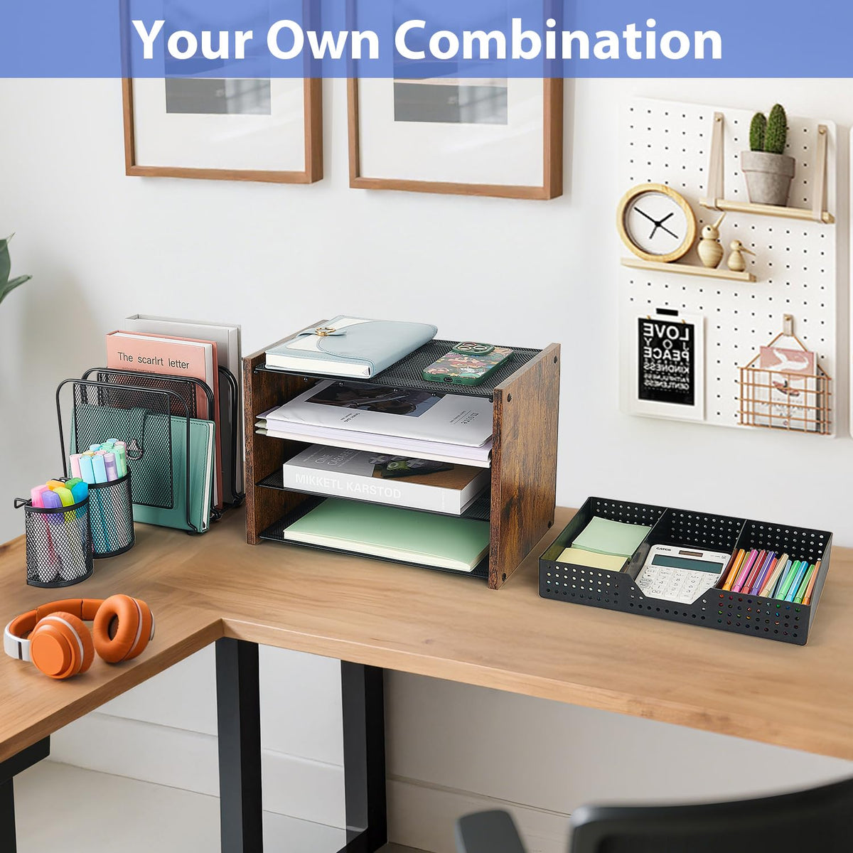 AUPSEN Desk Organizer with 5 Vertical File Holders, Storage Drawer & 2 Pen Holders, 5 Trays Paper