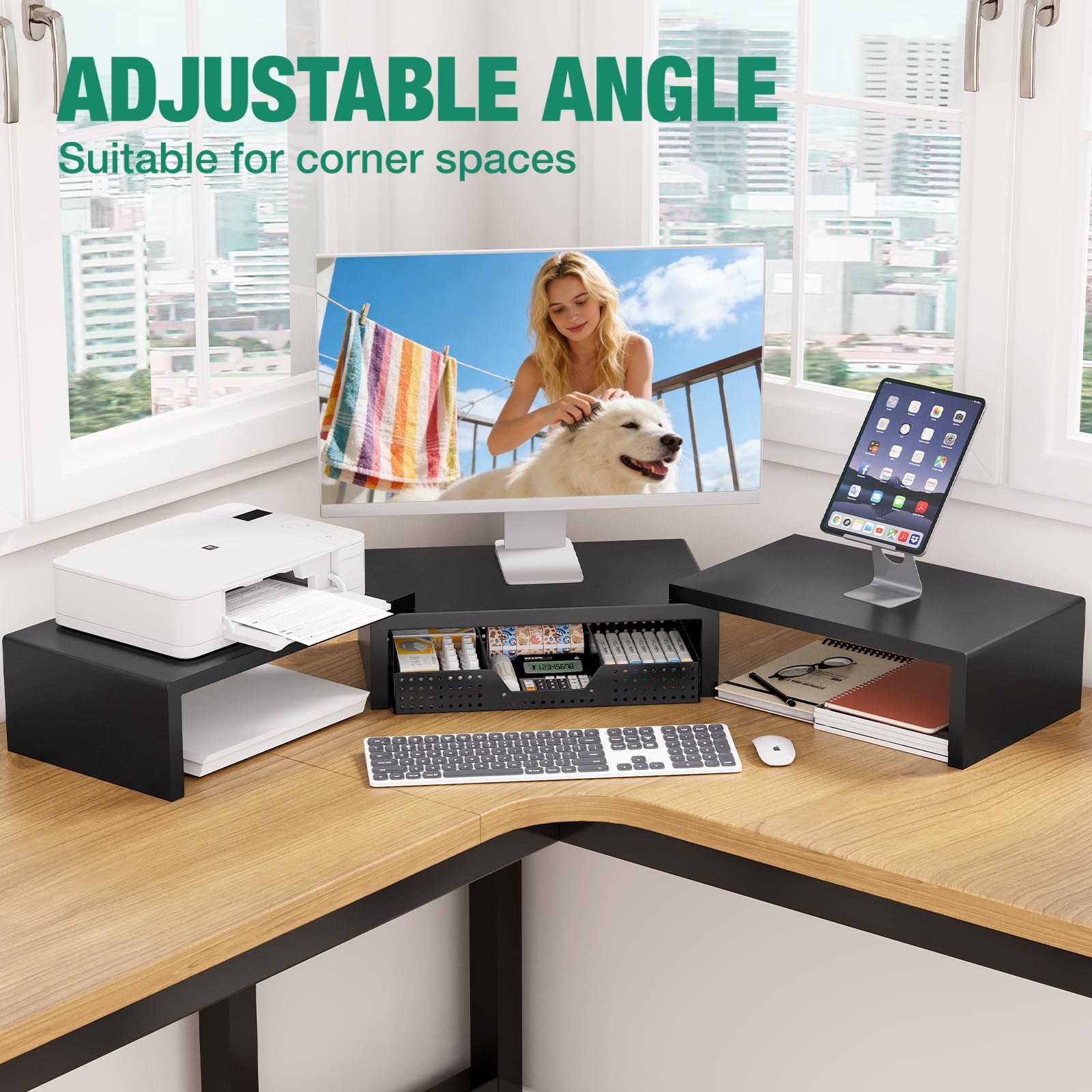 OPNICE Dual Computer Monitor Stand Riser, Desk Organizer with Drawer, Office Desk Accessories &