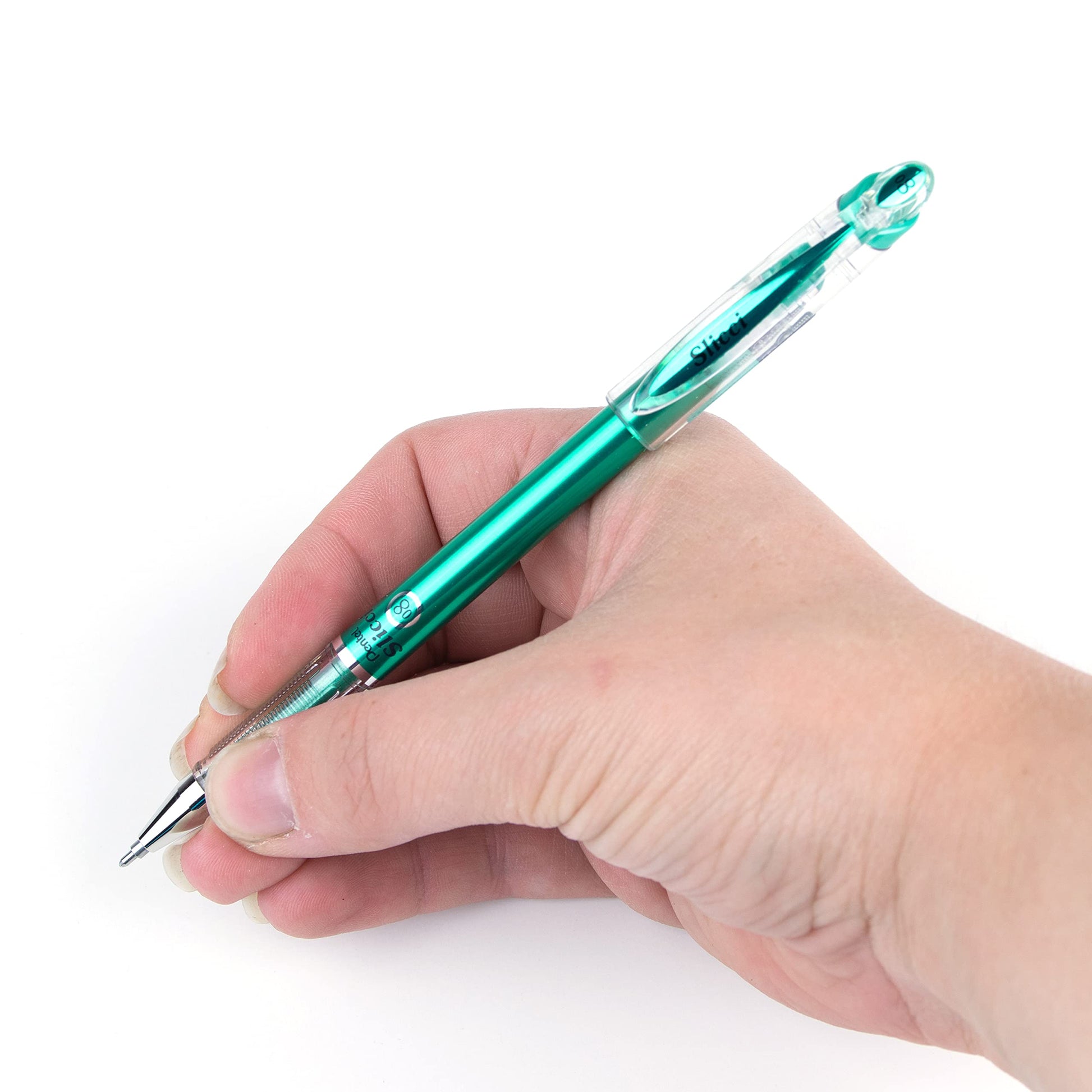 Pentel Arts Slicci Metallic 0.8 mm Needle Tip Gel Pen, Metallic Green Ink, Box of 12 (BG208-MD)