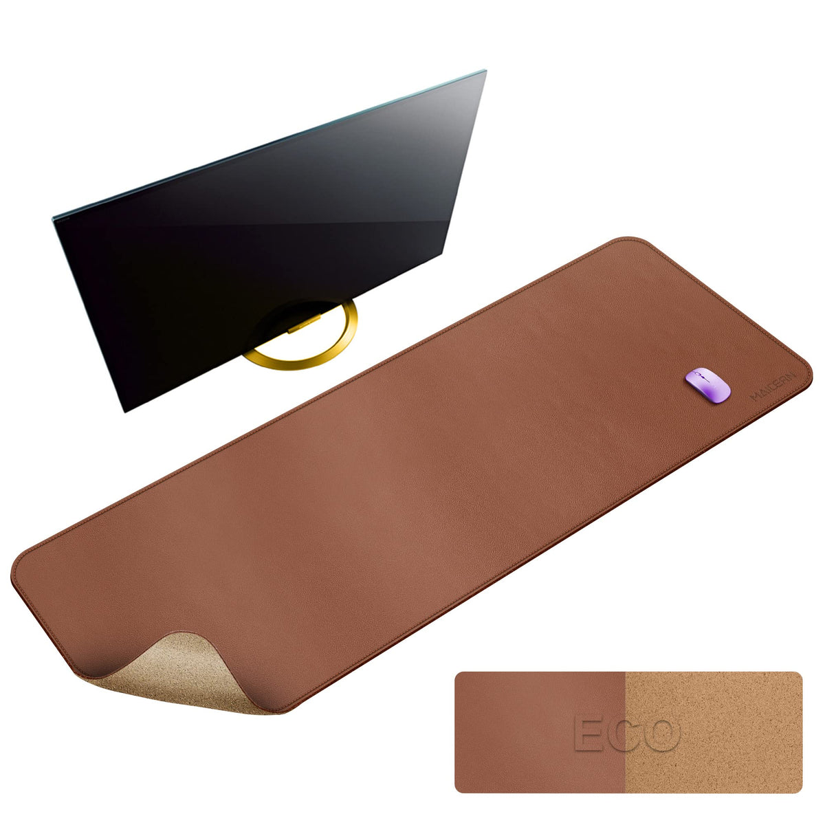 MAIDERN 55" x 24" Cork & Leather Desk Pad, Large XXL Mat, Full Mouse Pad, Dual Sided Protector for