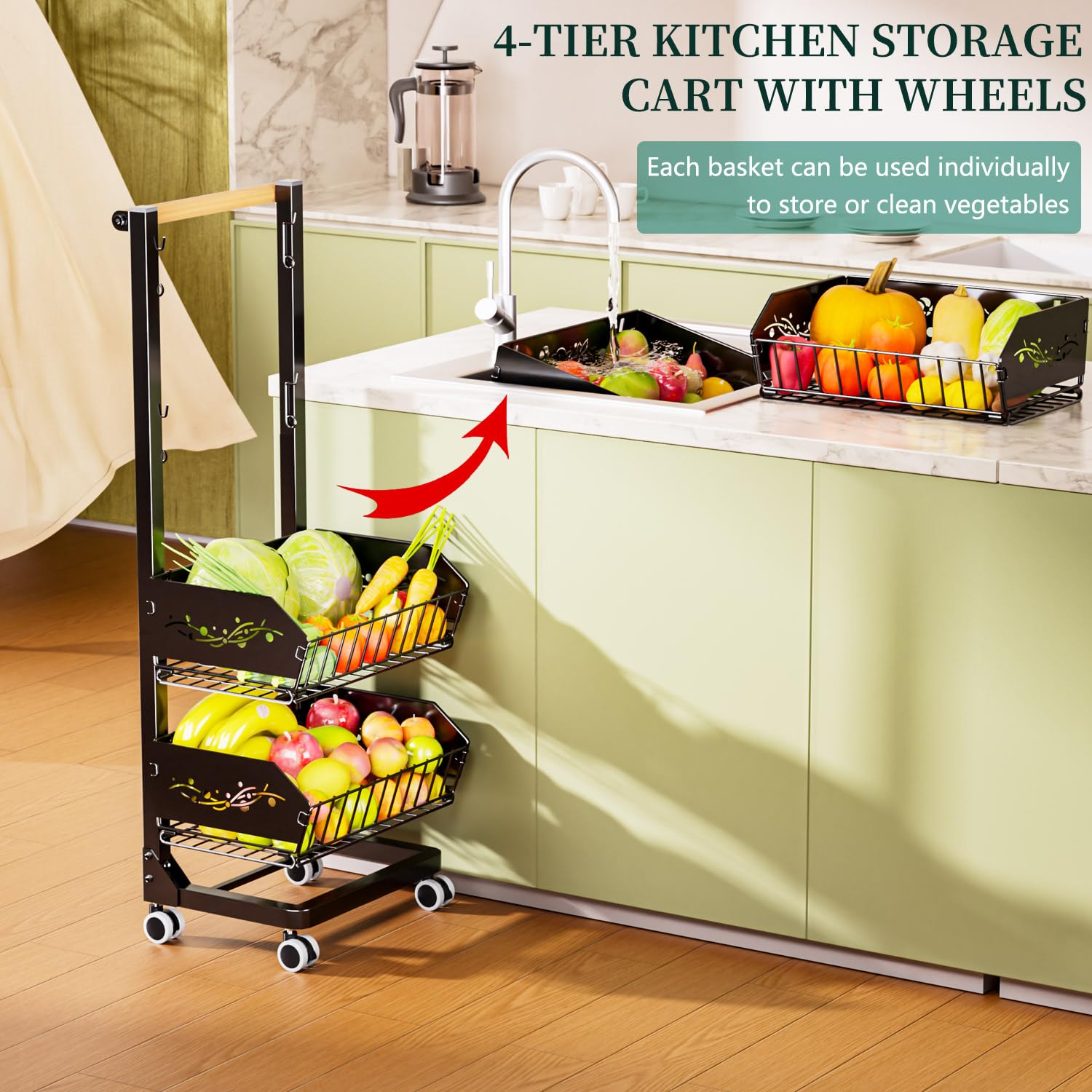 Heavy 4-Tier Snack Cart with Wheels ，Removable Rolling Pantry Cart，Black