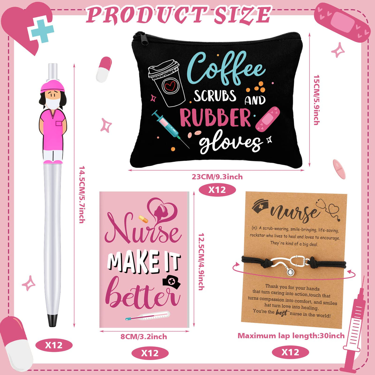 Sabary 48 Pcs Nurse Gifts Set for Women 12 Makeup Cosmetic Bag 12 Notebooks 12 Doctor Nurse