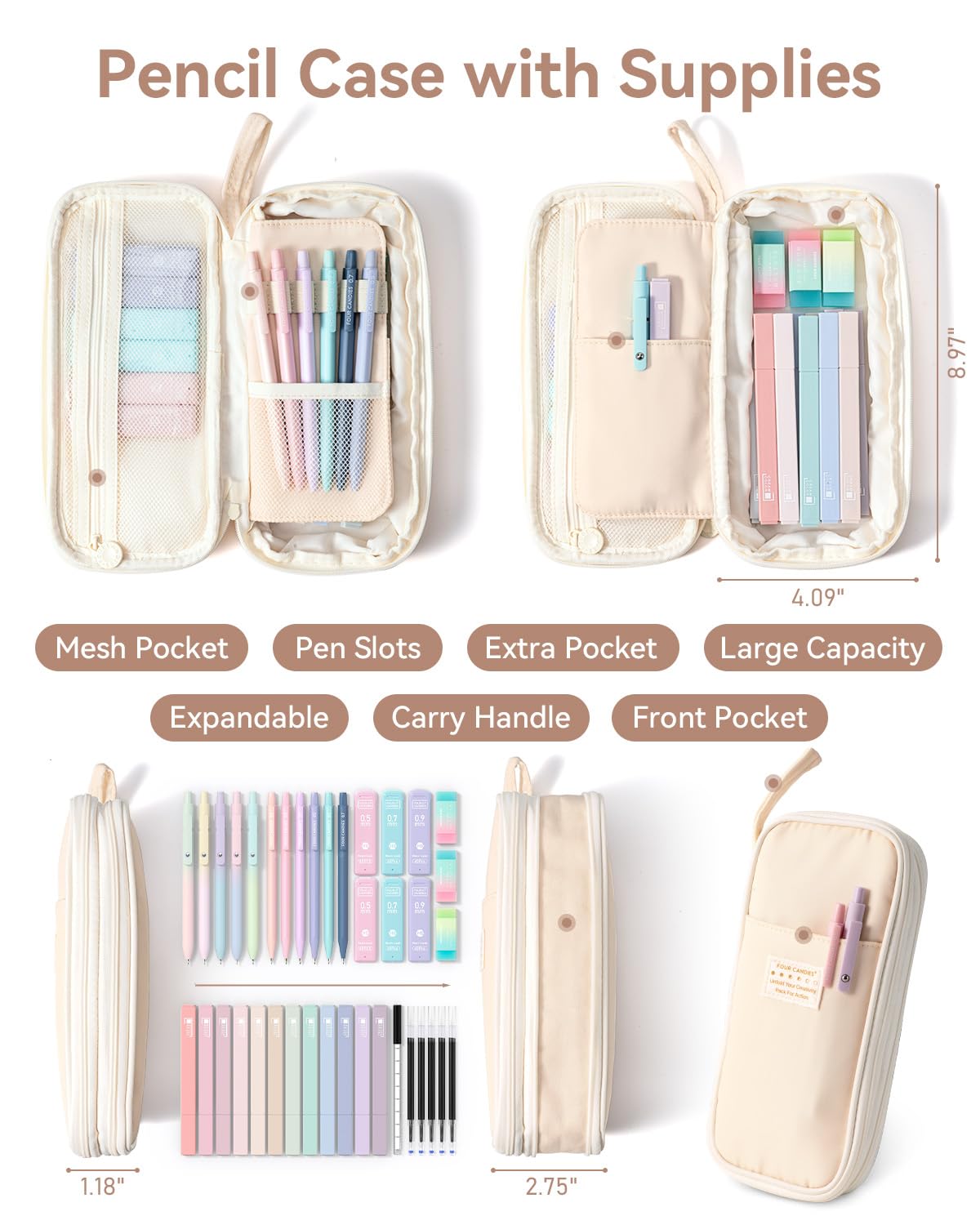 Four Candies School Supplies with Cute Pencil Case, 39ct, Cream