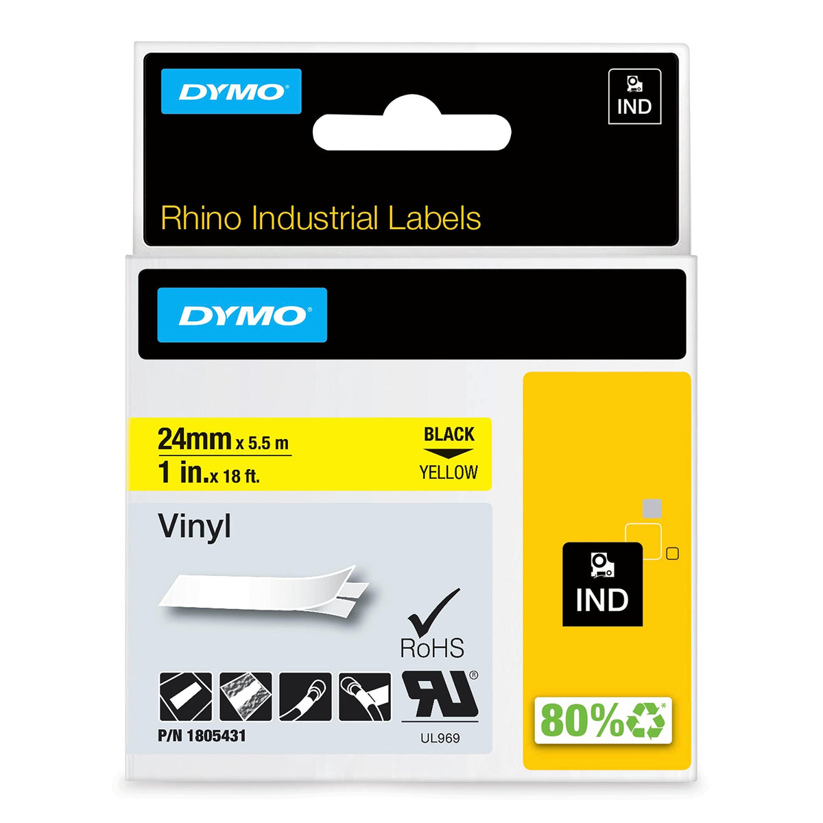 DYMO Rhino Industrial Vinyl Labels, 24 mm x 5.5 m, Black Print on Yellow, Self-Adhesive, for DYMO