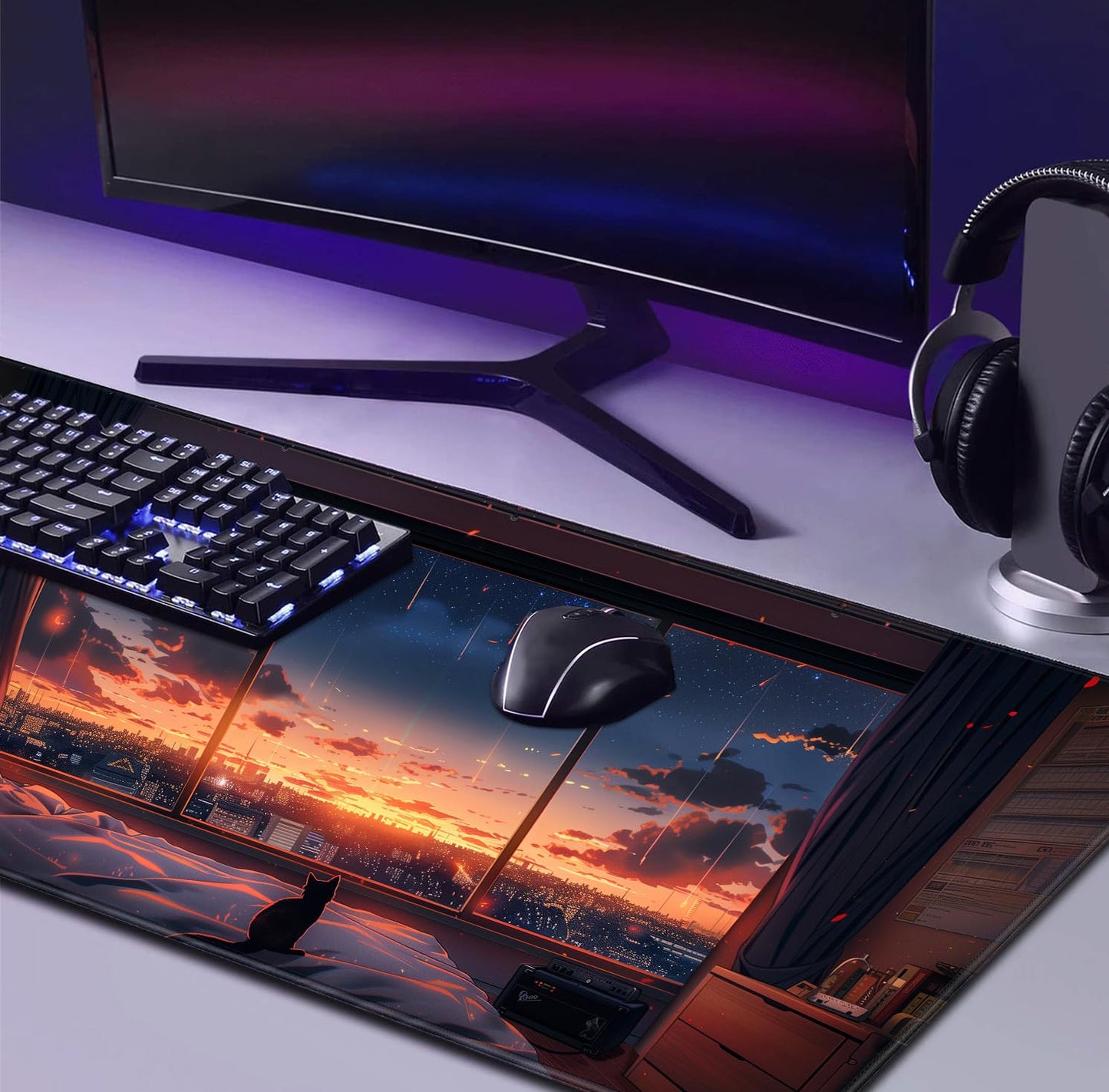 Sunset Night Cat Mouse Pad, Summer Night Scene Decoration Game Table Pad XL