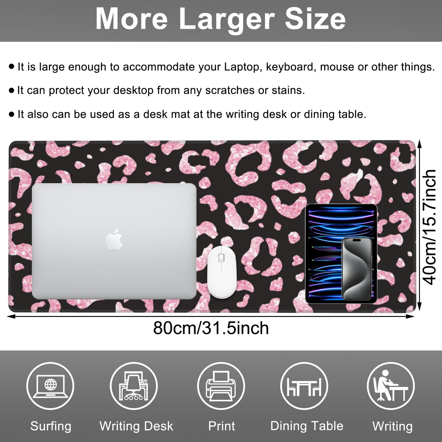 Mouse Pad, Large Rose Pink Leopard Printings Desk Mat, Extended Non-Slip Gaming Keyboard Mousepad