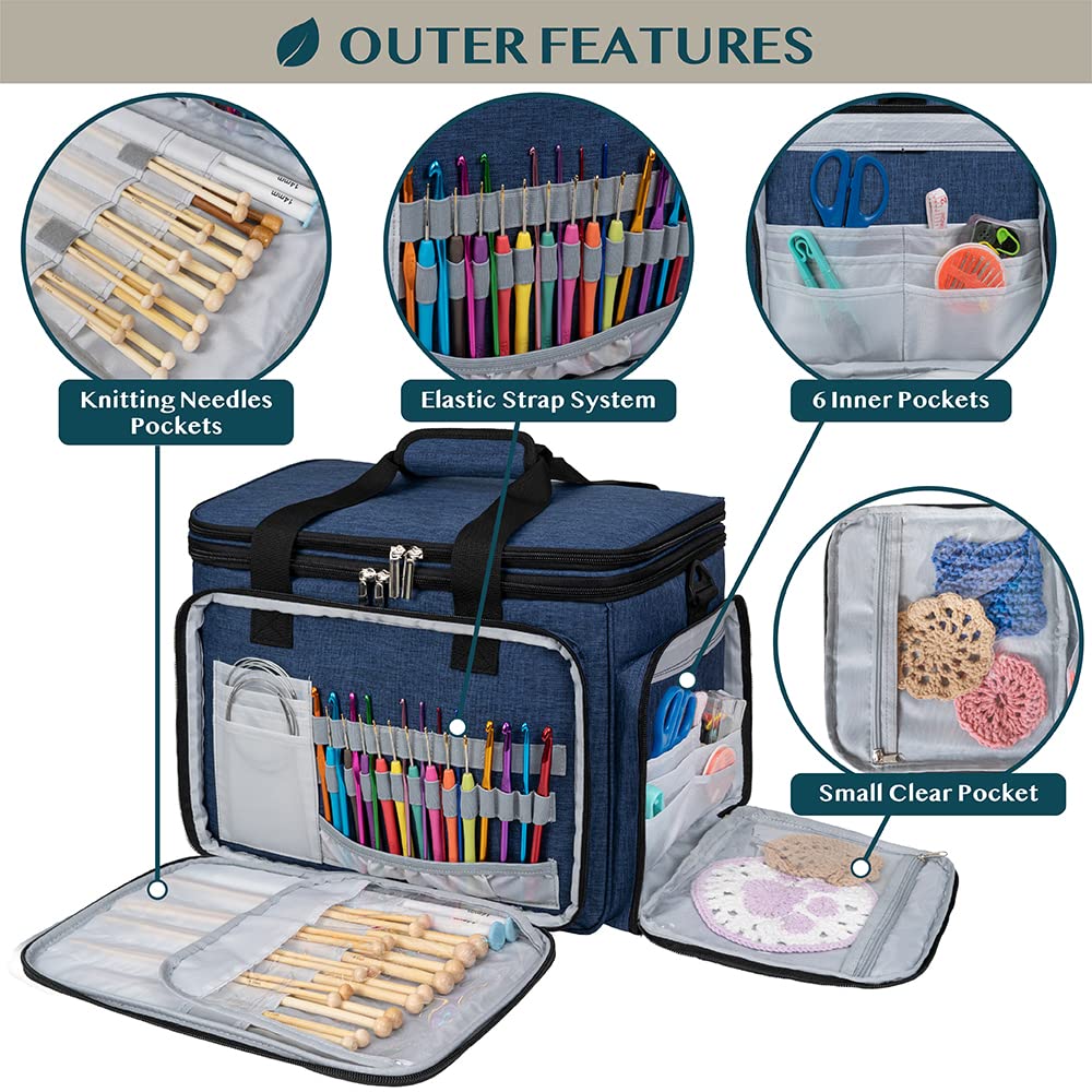 PAVILIA Large Knitting Yarn Storage Bag Crochet Organizer for Knitter, Navy