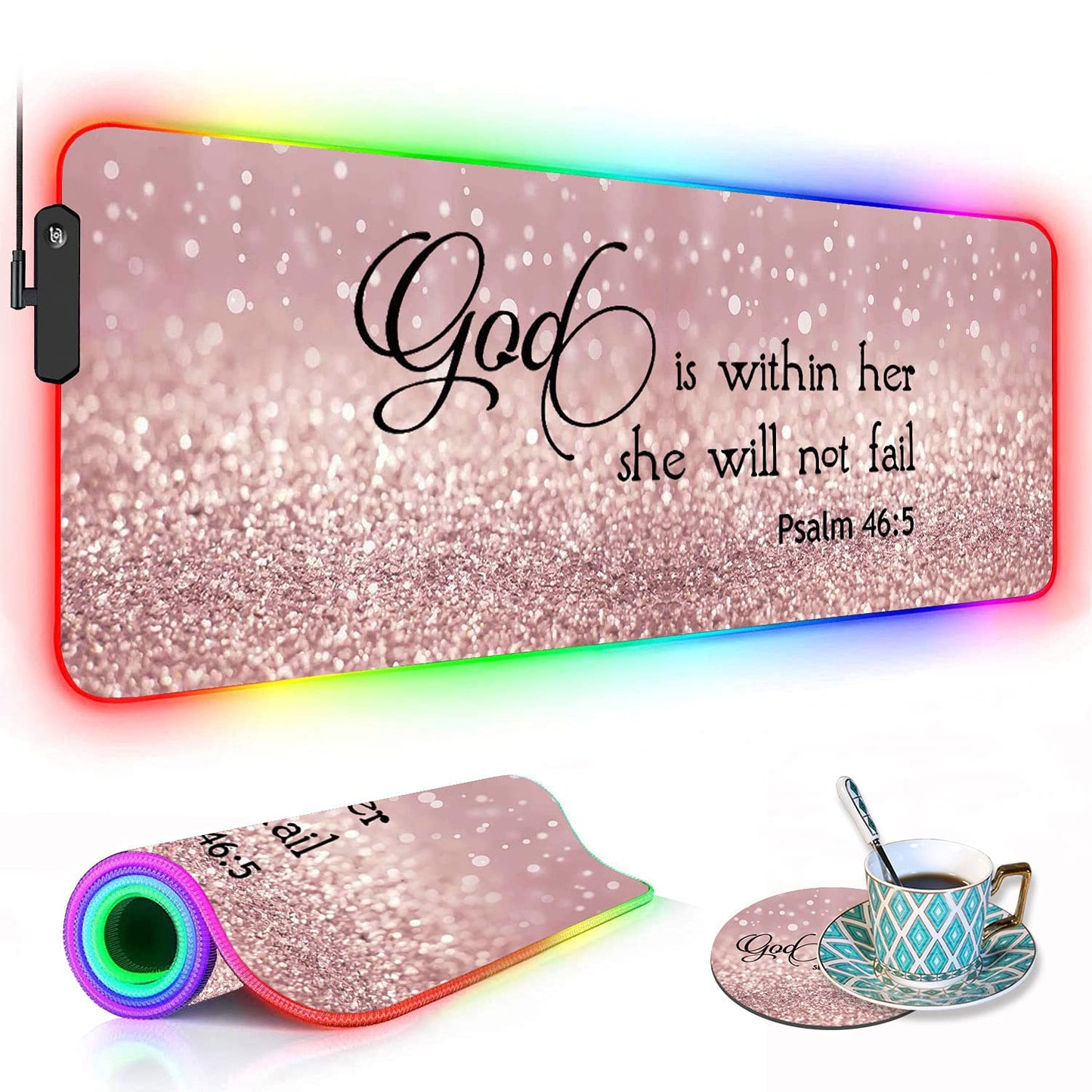 RGB Gaming Mouse Pad with Coffee Coaster, XXL Large Glowing LED Mousepad, Anti-Slip Rubber Base