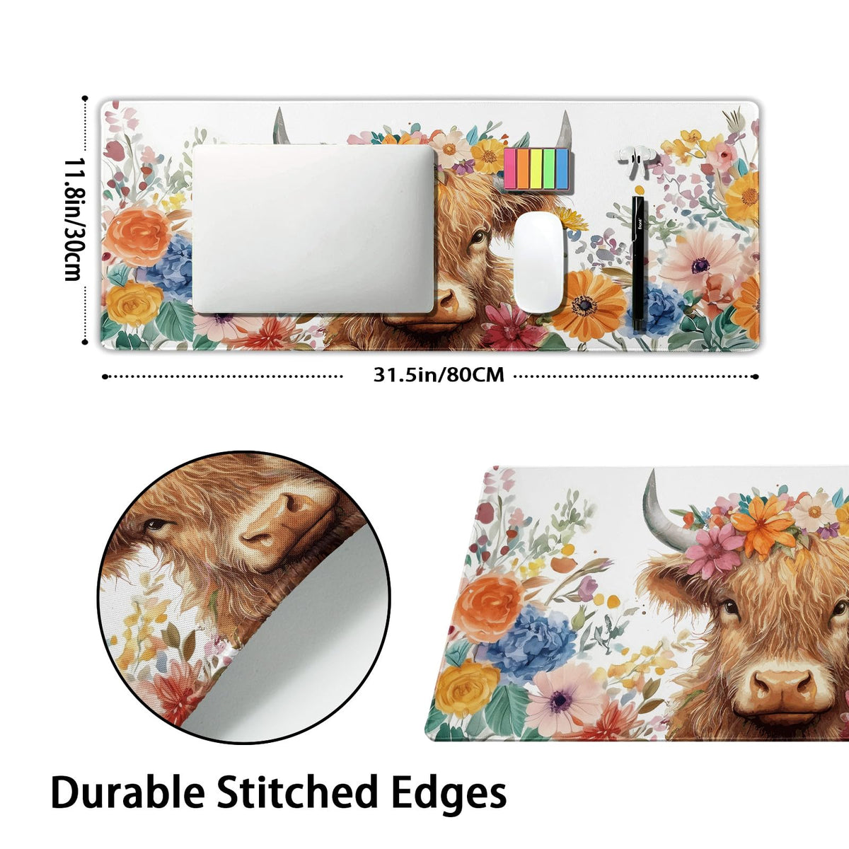 Aesthetic Highland Cow Gaming Mouse Pad XL Cow Print Blue Orange Floral Extended Large Mat Mousepad
