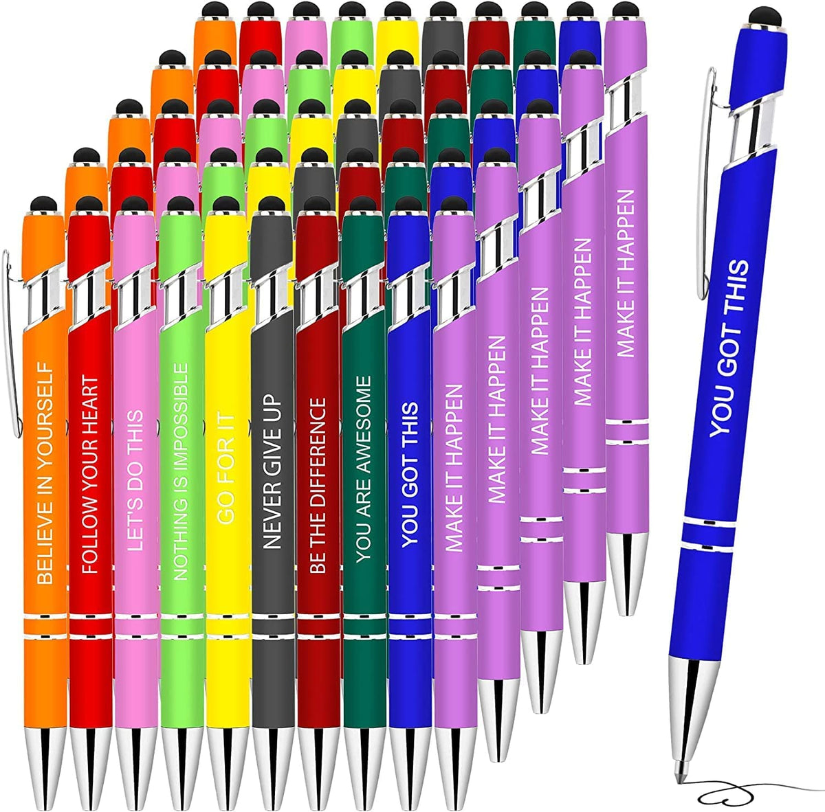 Greengines 50 PCS Inspirational Pens Bulk with Stylus Tip Gifts Black Ink