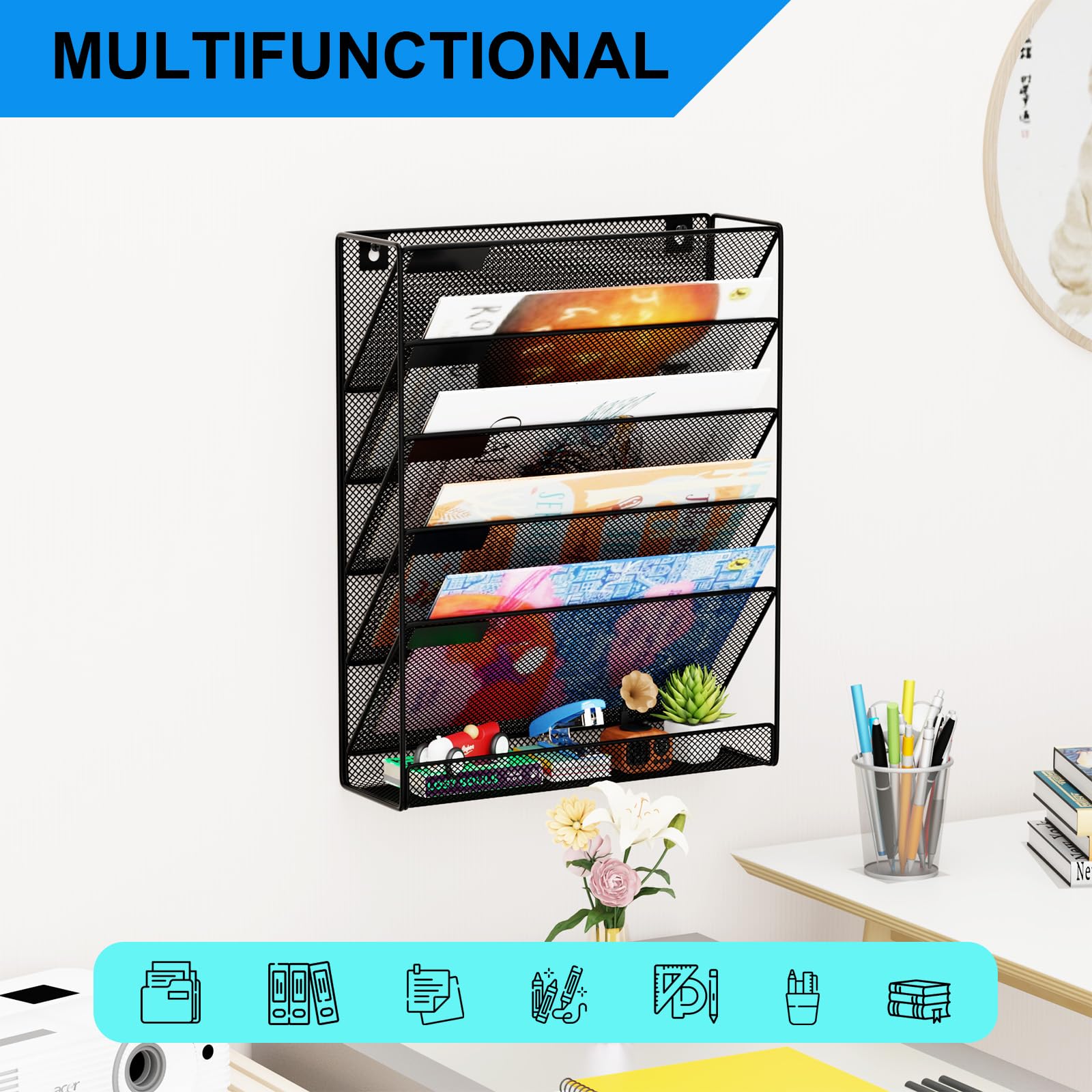 GDINDINFAN Wall File Organizer Holder Mesh Hanging Paper Document Holder,Vertical 6 Pocket Tier for