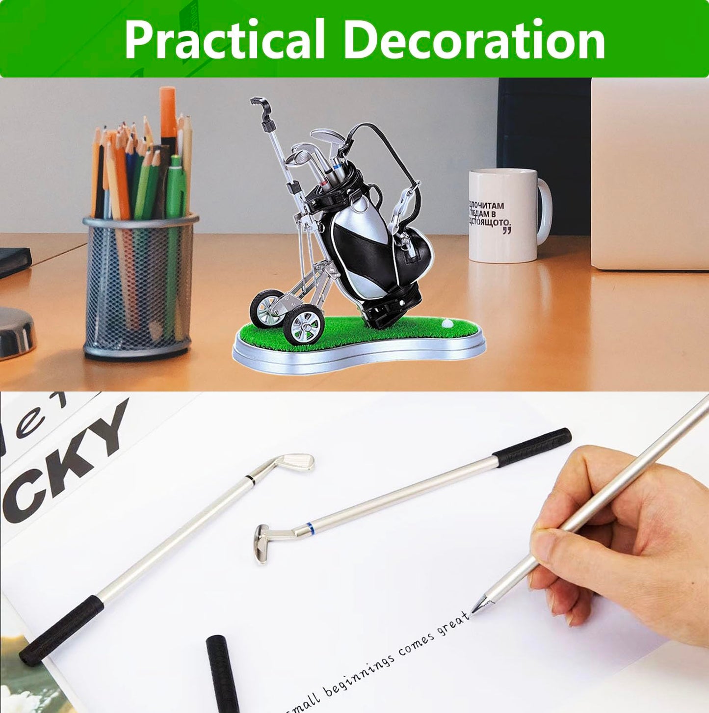 Golf Pen Holder with 3 Club Pens and Movable Golf Cart, Mini Golf Bag Desk Decor for Office, Funny