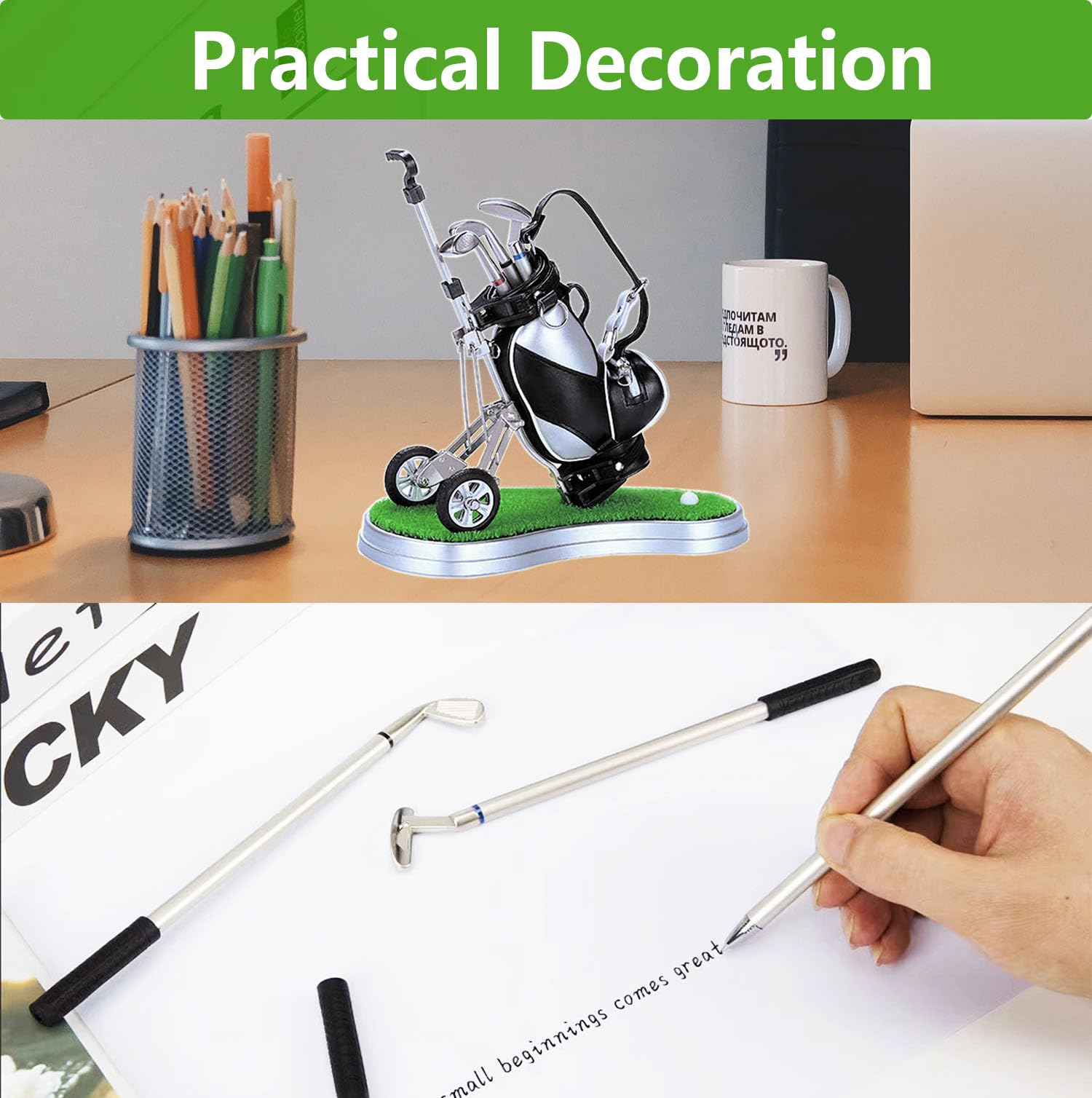 Golf Pen Holder with 3 Club Pens and Movable Golf Cart, Mini Golf Bag Desk Decor for Office, Funny