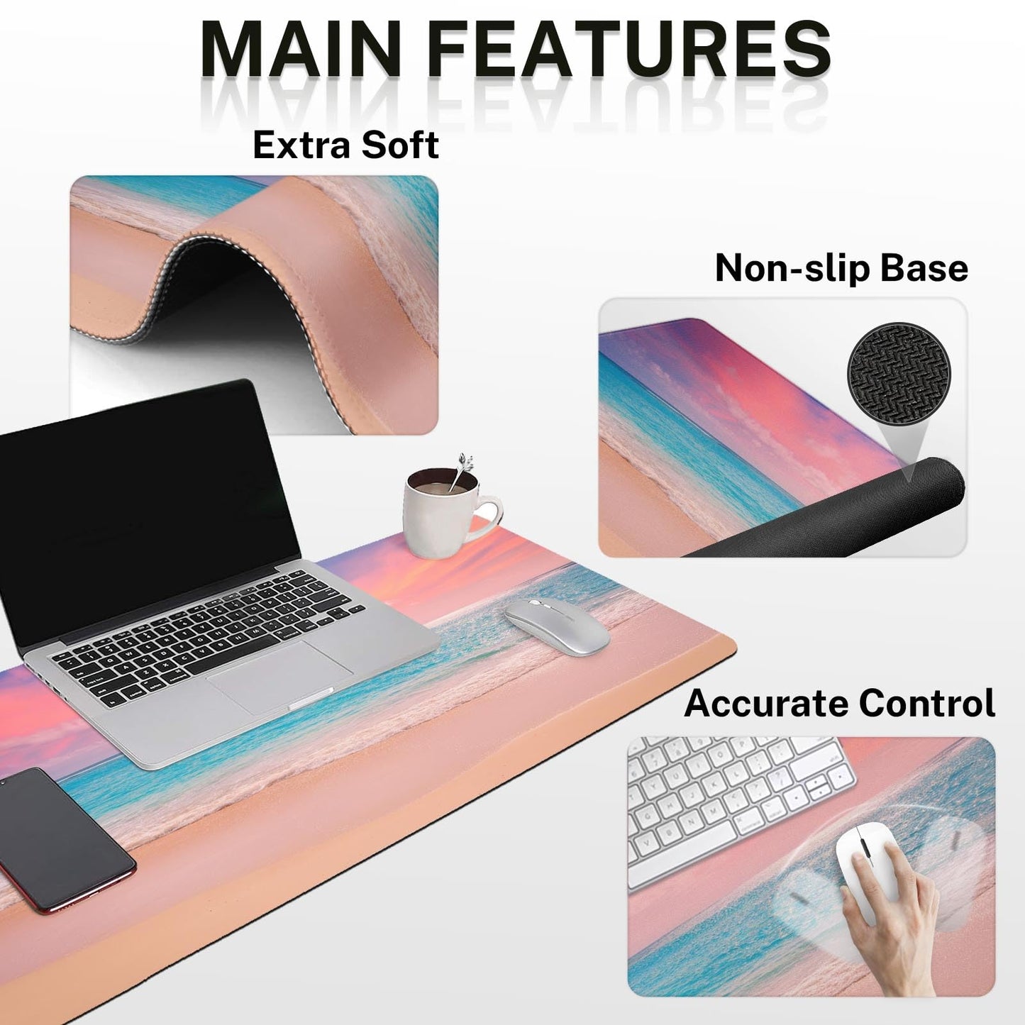Arttown Keyboard Mouse Pad Set, 4 in 1 Desk Mat Set Beach Ocean Turquoise