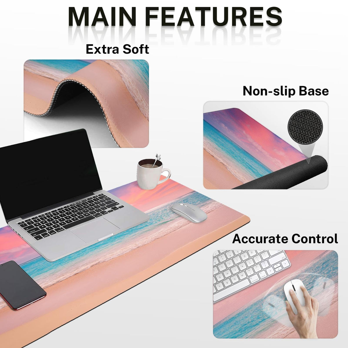 Arttown Keyboard Mouse Pad Set, 4 in 1 Desk Mat Set Beach Ocean Turquoise