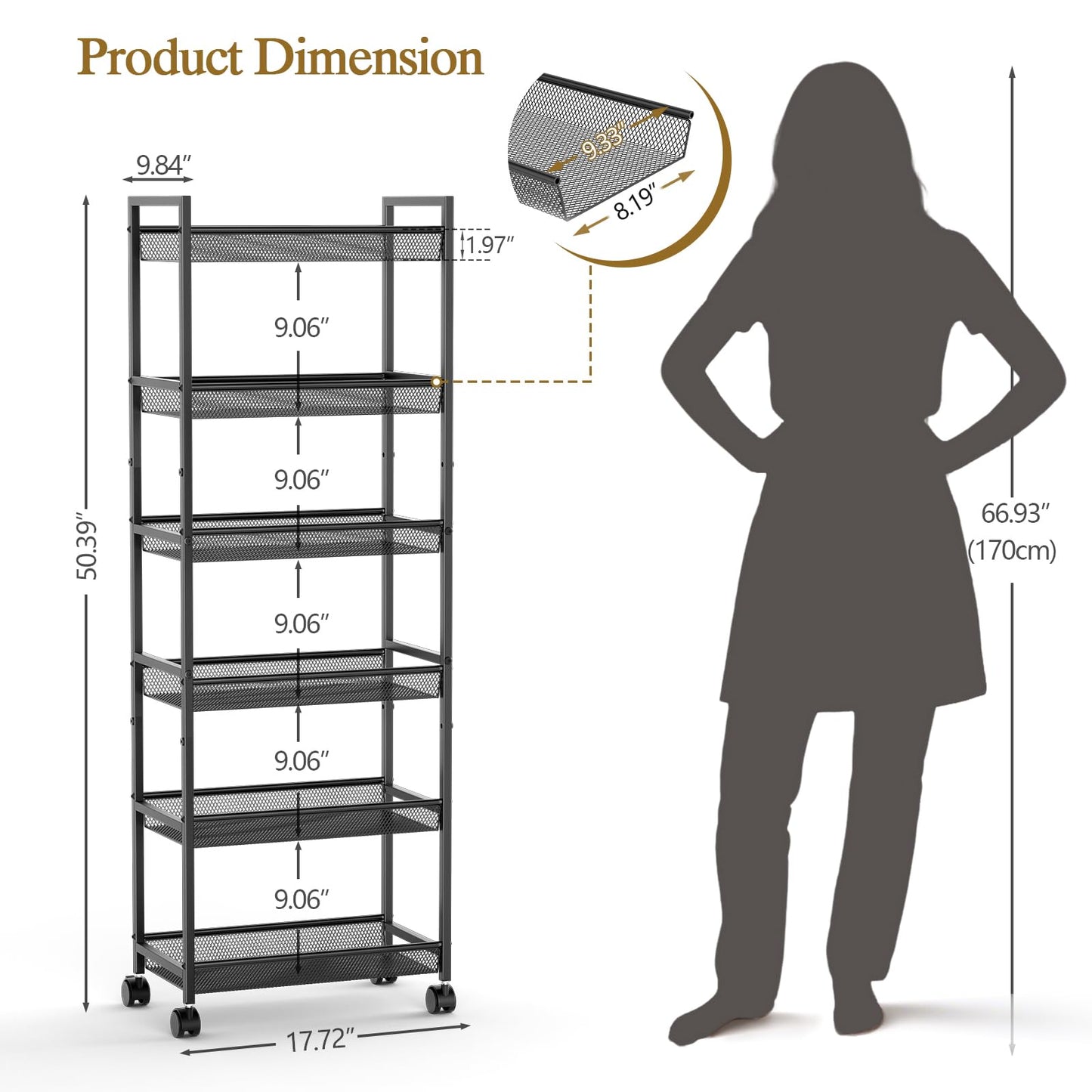 6 Tier Slim Rolling Storage Cart, Narrow Mobile Shelving Unit Organizer Utility Cart with Wheels
