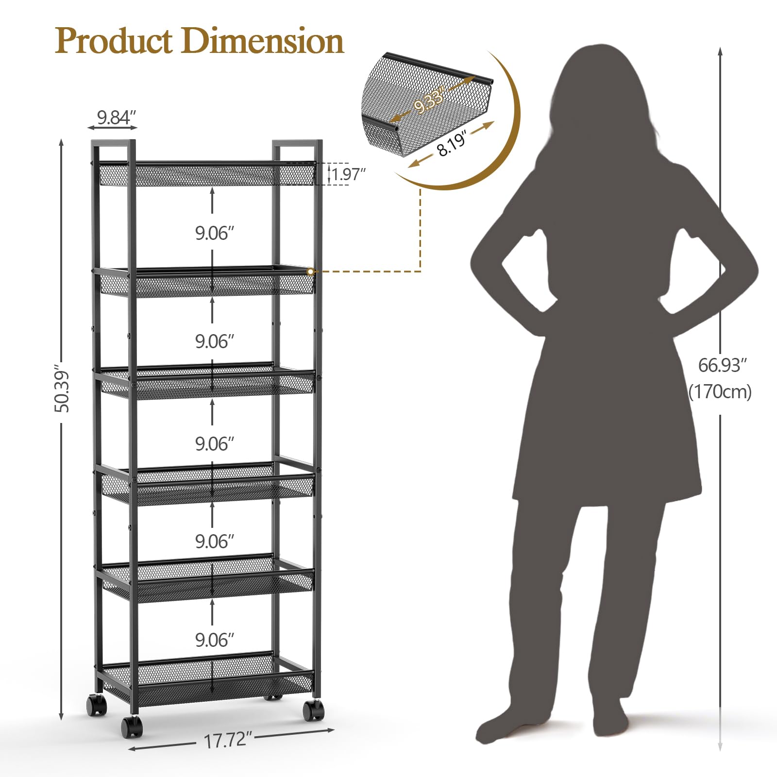 6 Tier Slim Rolling Storage Cart, Narrow Mobile Shelving Unit Organizer Utility Cart with Wheels