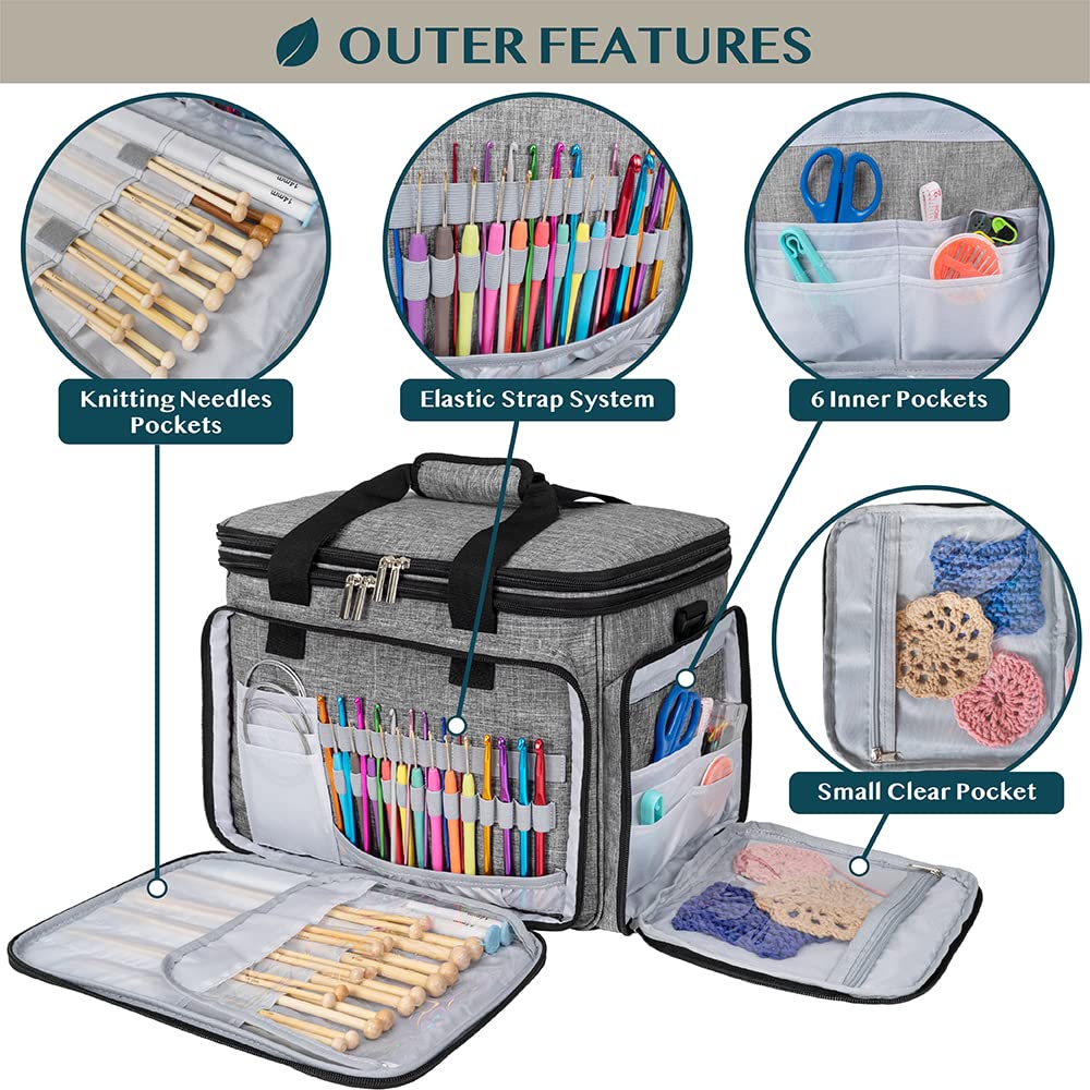 PAVILIA Large Knitting Yarn Storage Bag Crochet Organizer for Knitter, Grey