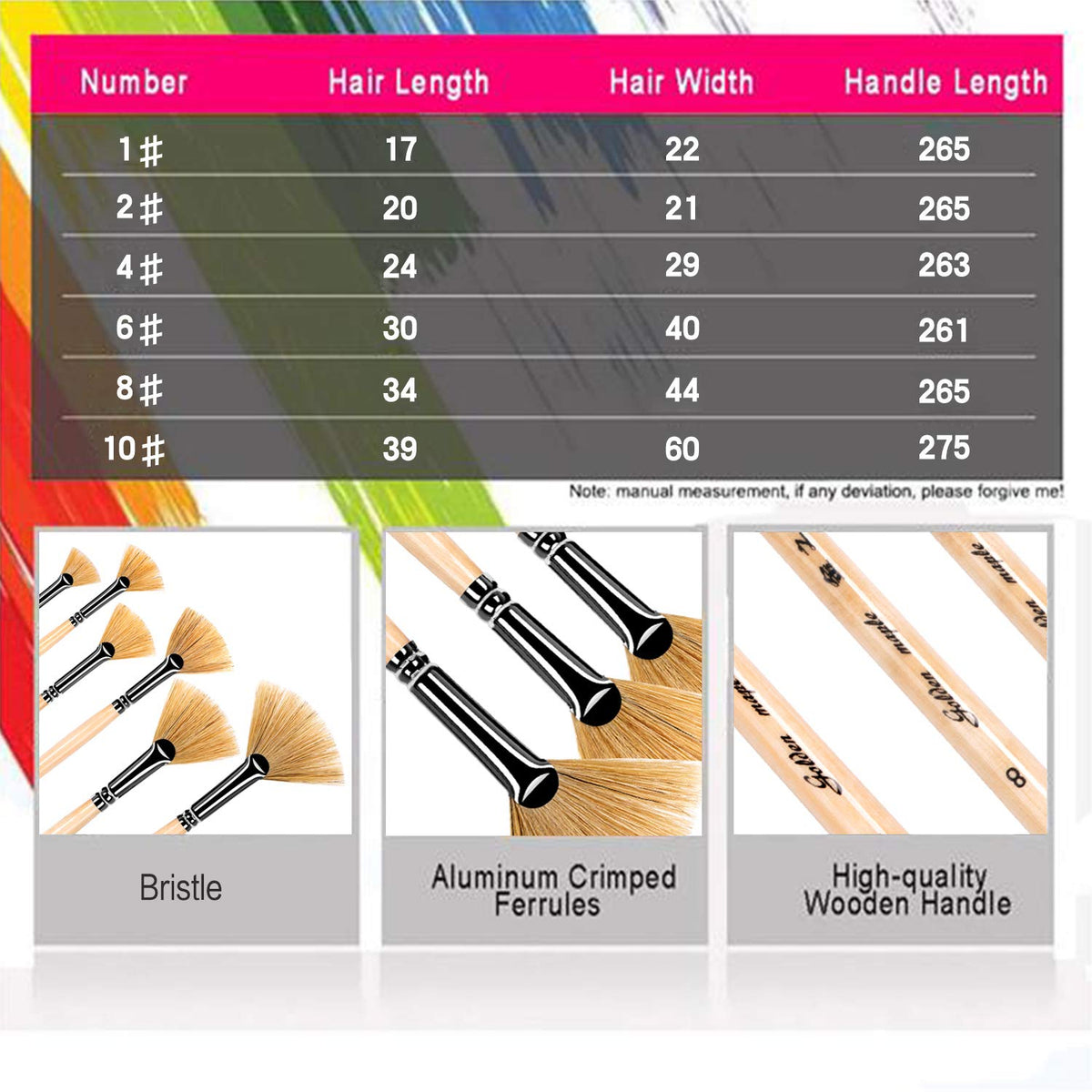 Artist Fan Paint Brush Set of 6, Hog Bristle Natural Hair Anti-Shedding Brush Tips, Long Wooden