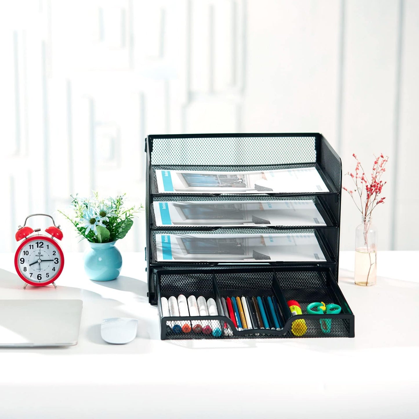 SETTFRFE 4-Tier Metal Desk Organizer-Paper Letter Tray with Drawer,Black