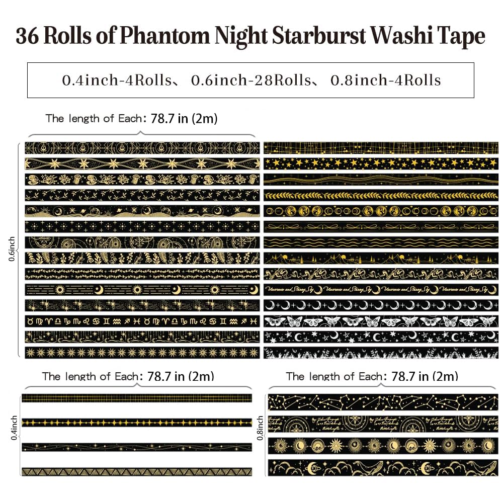 icceemee 36 Rolls Starry Theme Washi Tape Set with Celestial Patterns - Writeable Decorative Tapes
