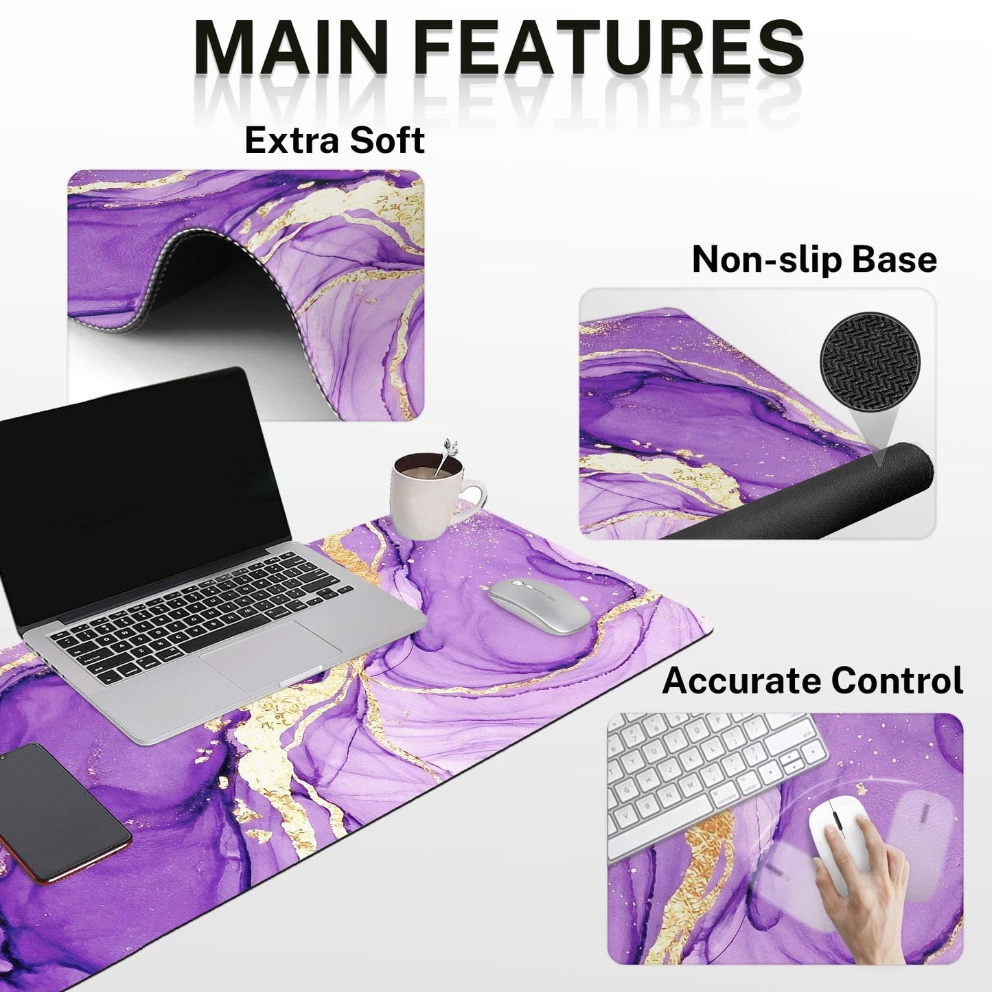 Arttown Keyboard Mouse Pad Set, 4 in 1 Desk Mat Set Marble Abstract Purple