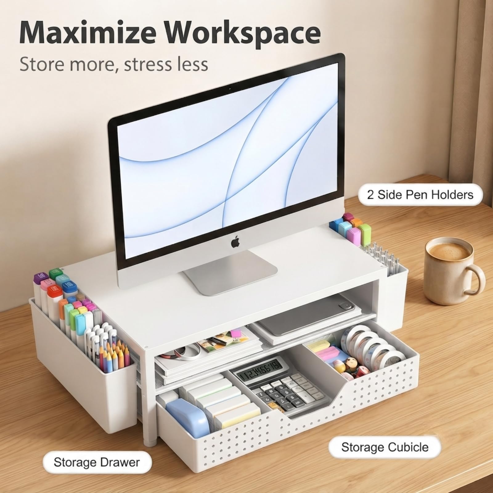 ECOLOVI Desk Organizer and Accessories, 2-Tier Computer Monitor Stand Rise with Storage Drawer & 2