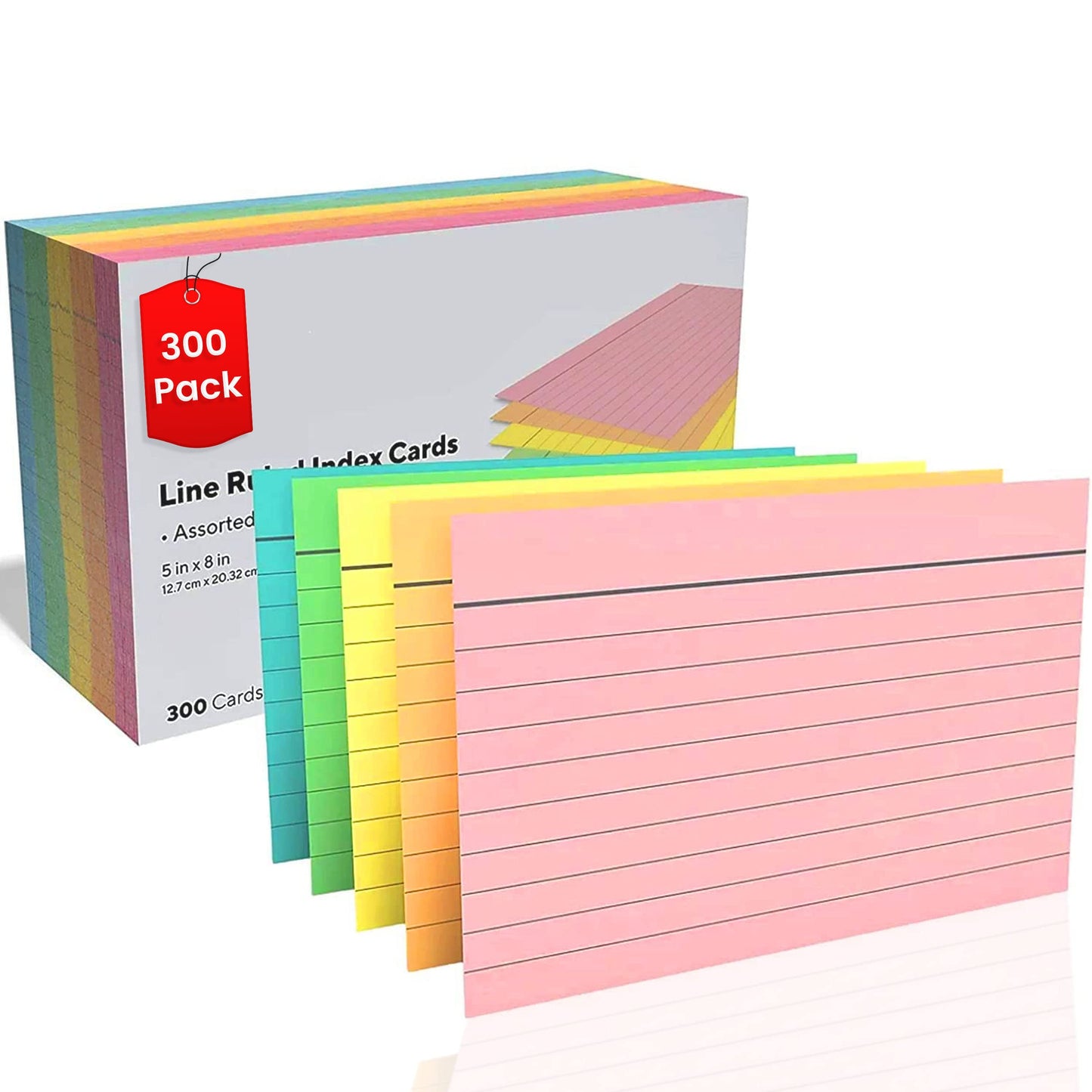 1InTheOffice Index Card 5x8 Ruled, Lined Note Cards, Flash Cards, Assorted Colors, 300/Pack