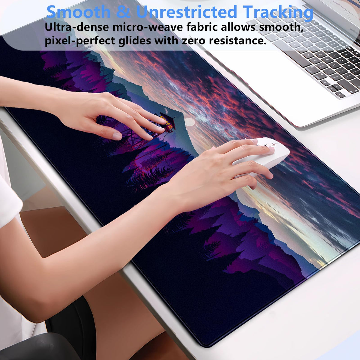 Purple and Black Desk Mat, Mountain Forest Large Gaming Mouse Pad