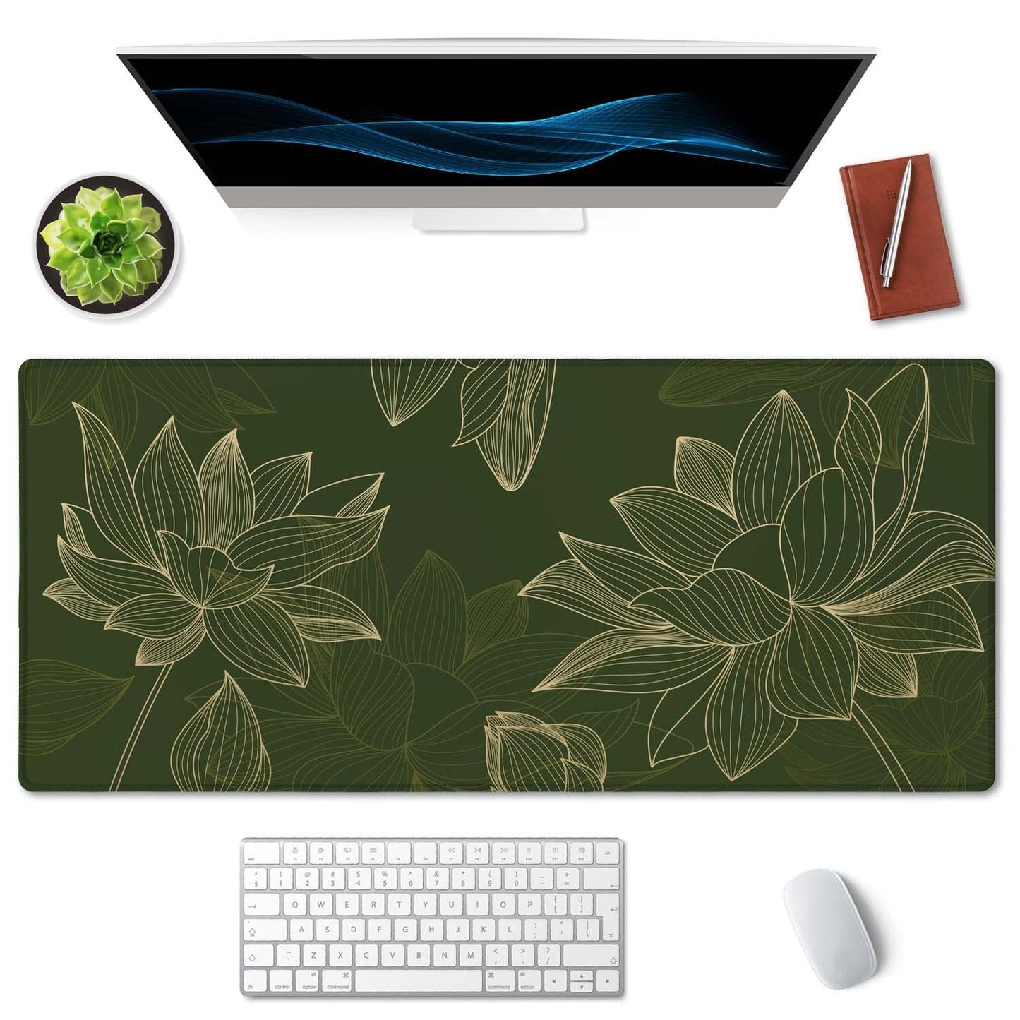 SSOIU Green Floral Desk Mat - Modern Gaming Mouse Pad, Large XXL Size, 35.5" x 15.7