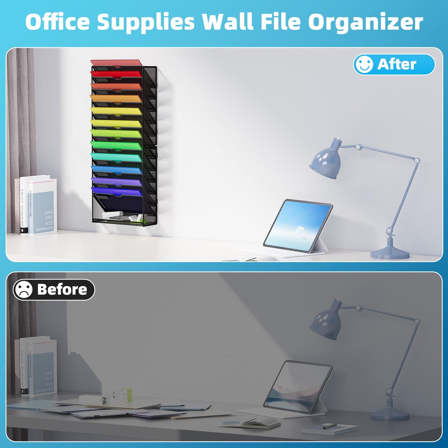 Marbrasse Wall File Holder 13-Tier Hanging Wall File Organizer, for Papers, Files Clipboard &