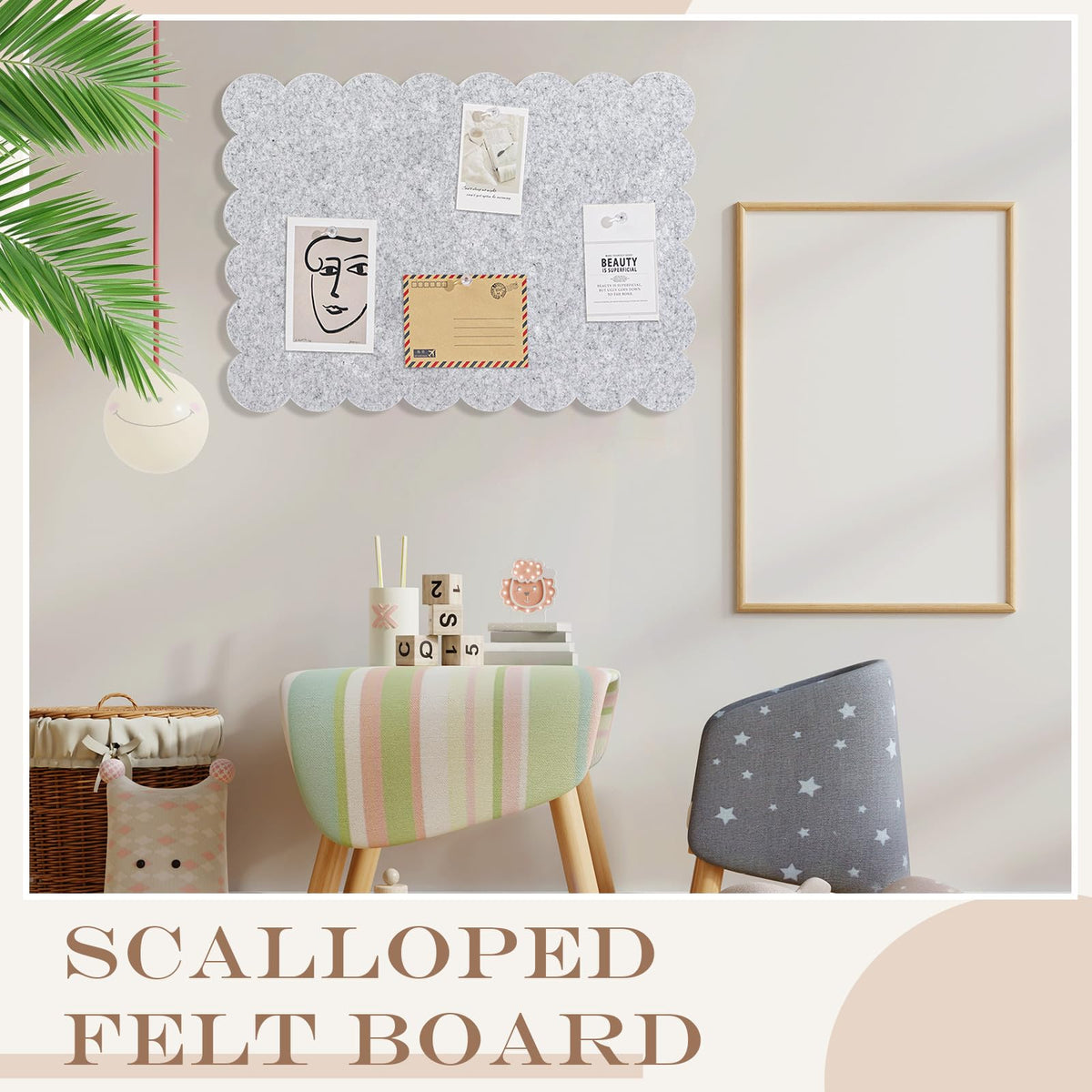 Mooliwe Scalloped Felt Bulletin Cork Board Foldable Light Gray 24 * 18 Inch